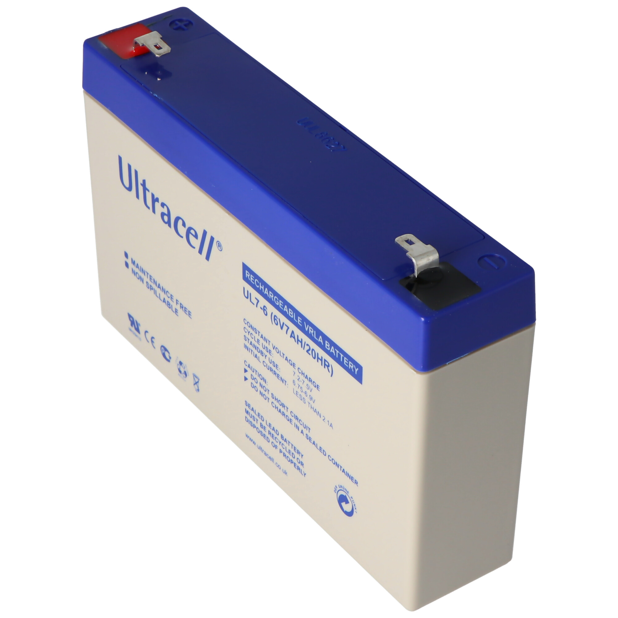 Eine weiß-blaue Batterie mit schwarzem Text vor weißem Hintergrund.