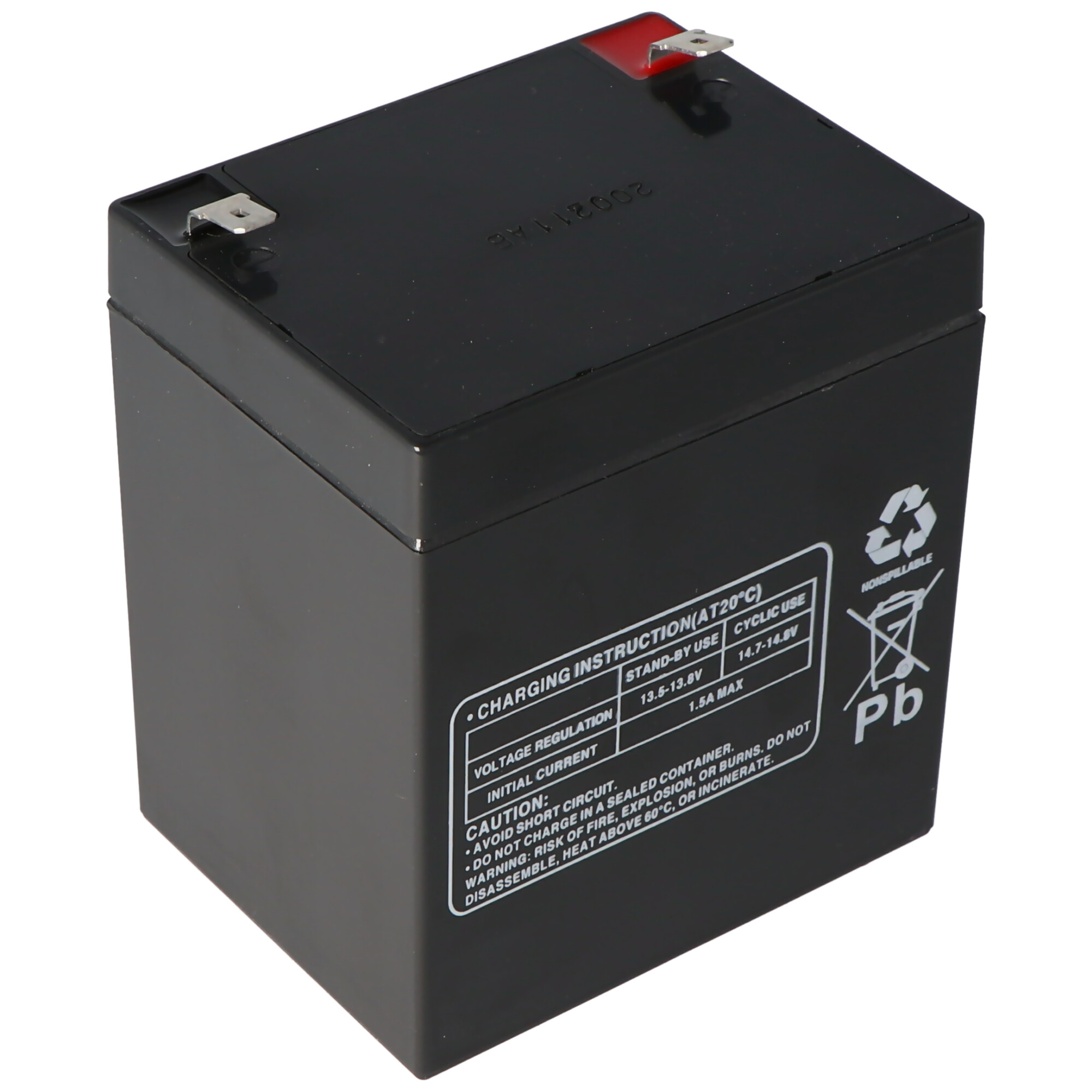 Schwarze rechteckige Batterie mit Anweisungen und Warnhinweisen. Anschlüsse oben.