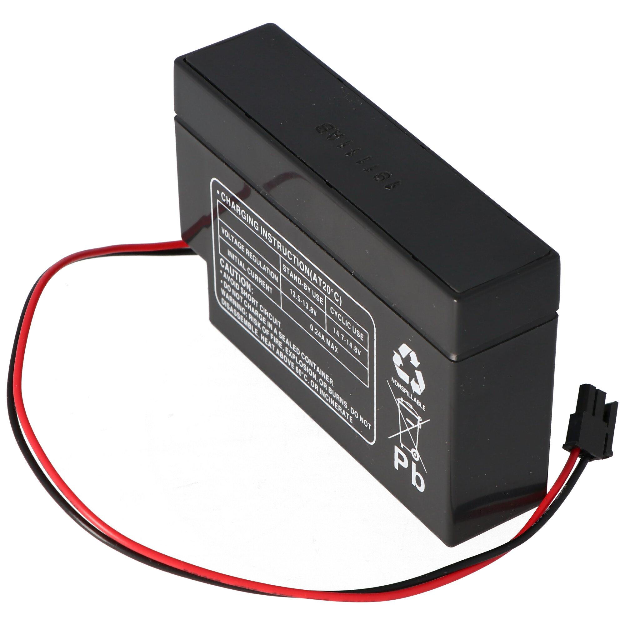 Schwarze Batterie mit roten und schwarzen Drähten und einem Anschluss.