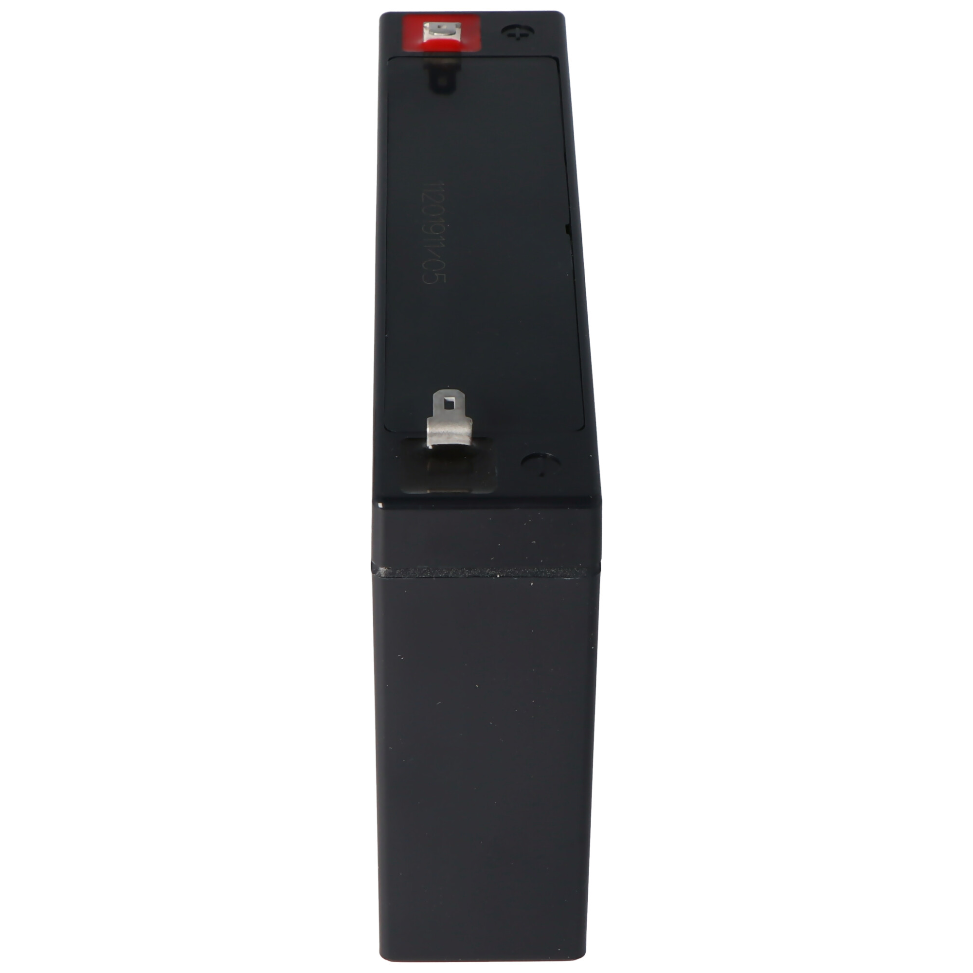 Black rectangular battery, with a red and a metal contact point. Printed information on the side.