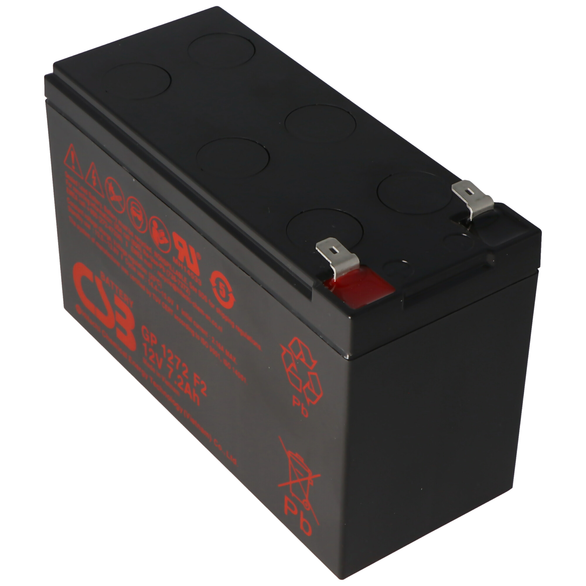 Eine schwarze Batterie mit roten Etiketten. Die Batterie hat einen Warnhinweis und einen roten Anschluss.