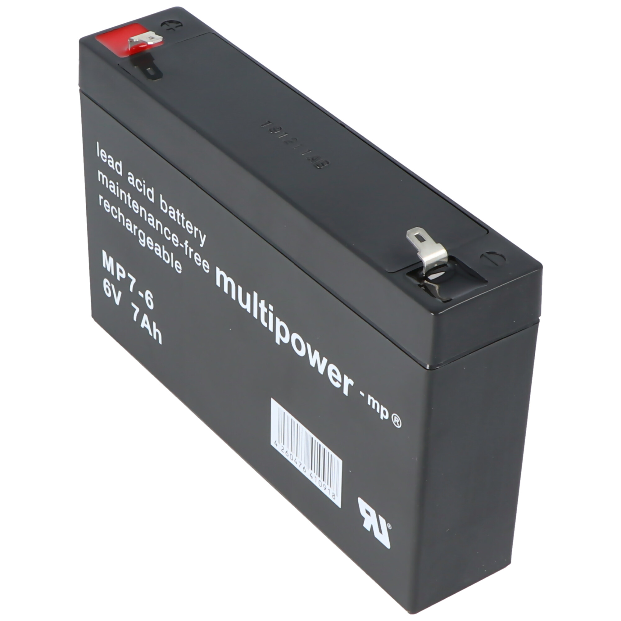 Schwarze Blei-Säure-Batterie mit Etiketten und Griff.