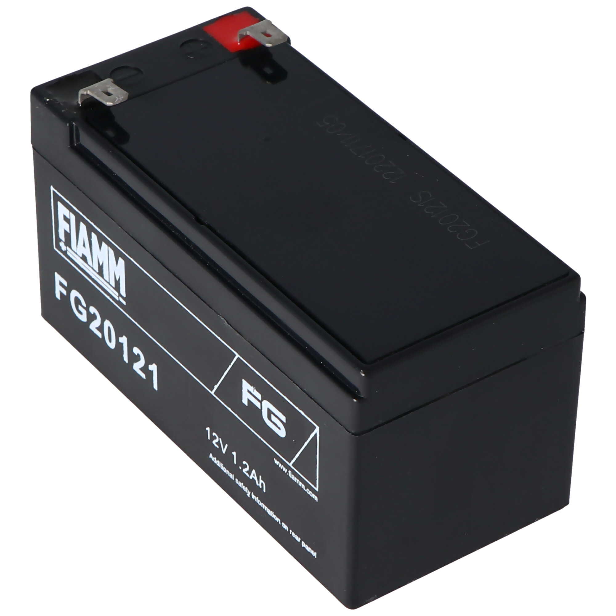 Zwarte rechthoekige batterij met witte tekst: FIAMM FG20121 12V 1.2Ah. Gemaakt door FIAMM.