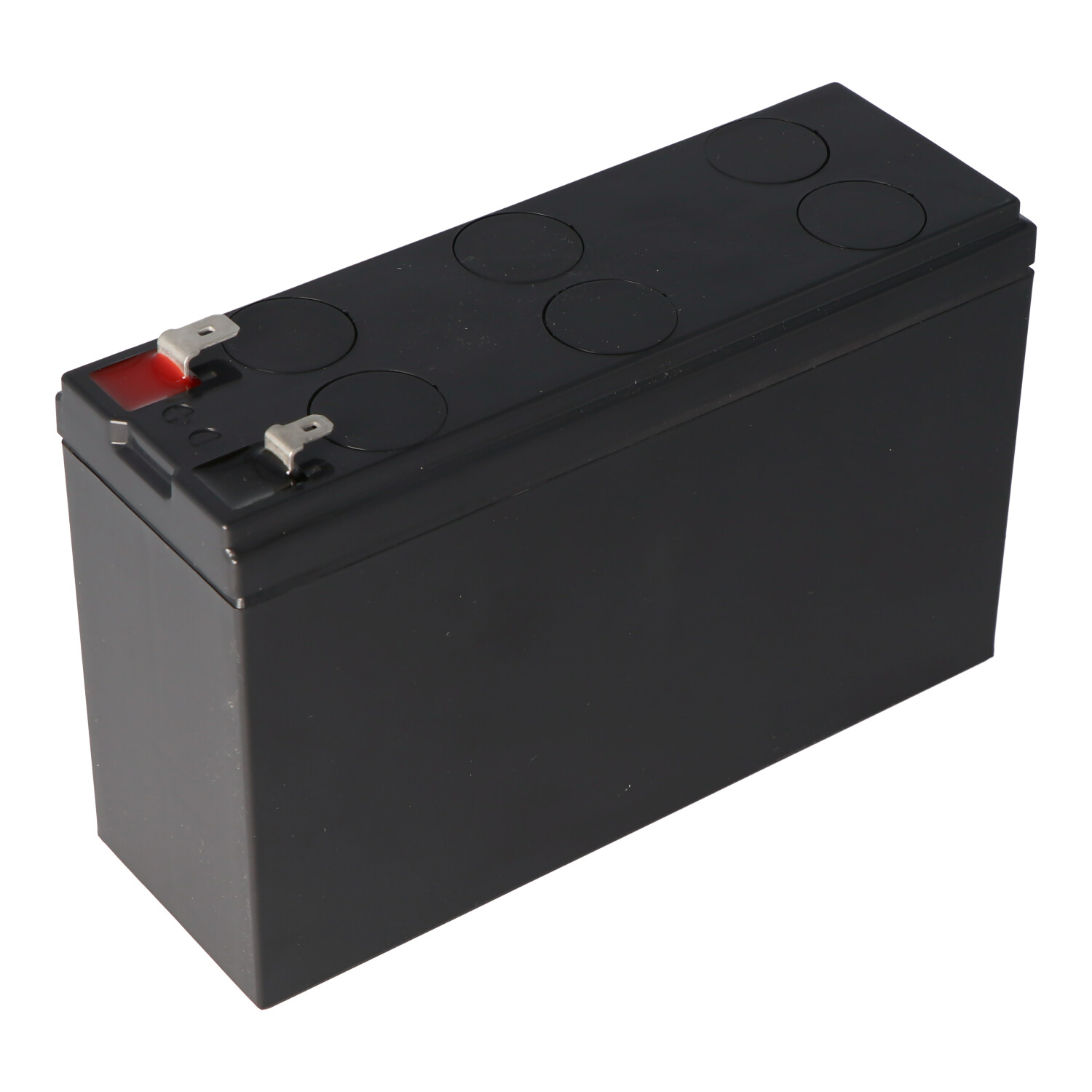 Schwarzer rechteckiger Batteriekasten mit 6 kreisförmigen Vertiefungen oben.