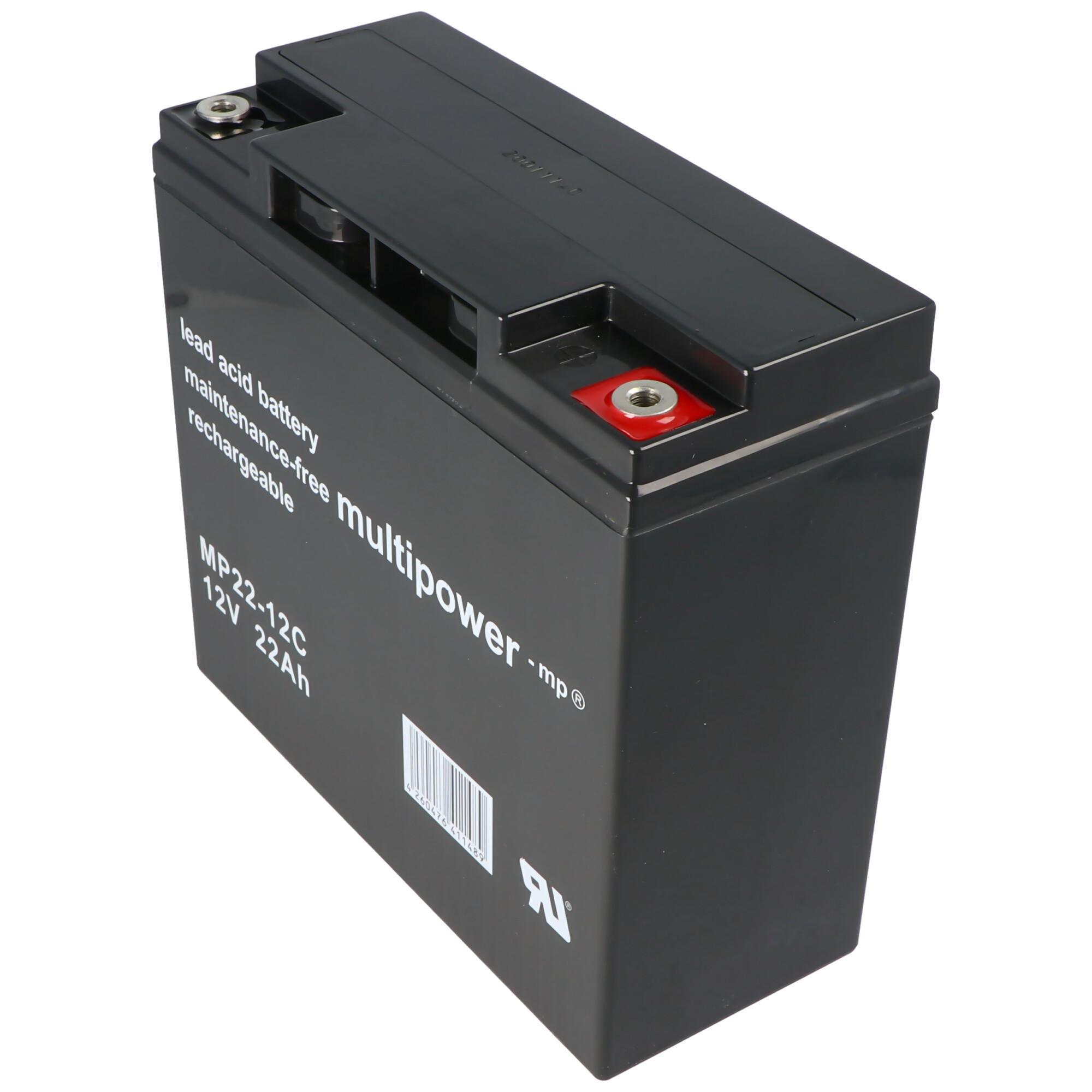 Schwarze Blei-Säure-Batterie mit Etikett und Text, schräge Ansicht, weißer Hintergrund.