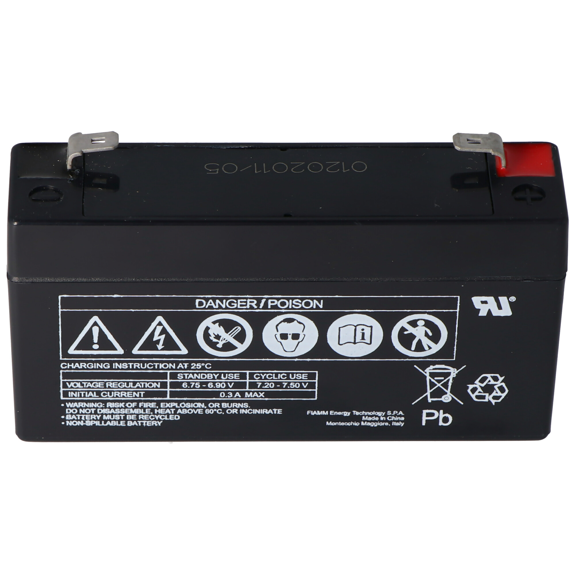 Een zwarte batterij met waarschuwingslabels.
