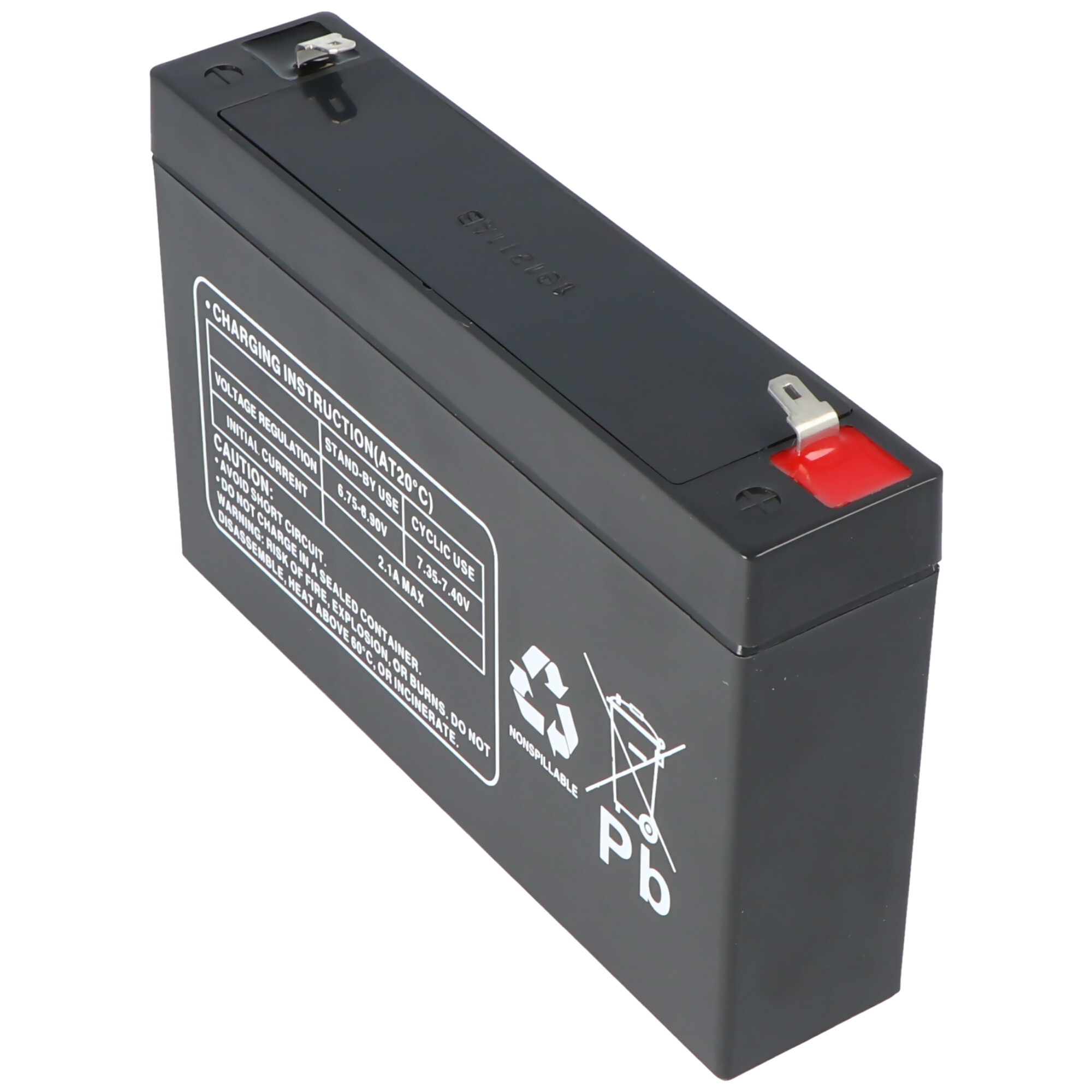 Schwarze rechteckige Batterie mit Etiketten und Warnungen. Details auf weißem Hintergrund sichtbar.