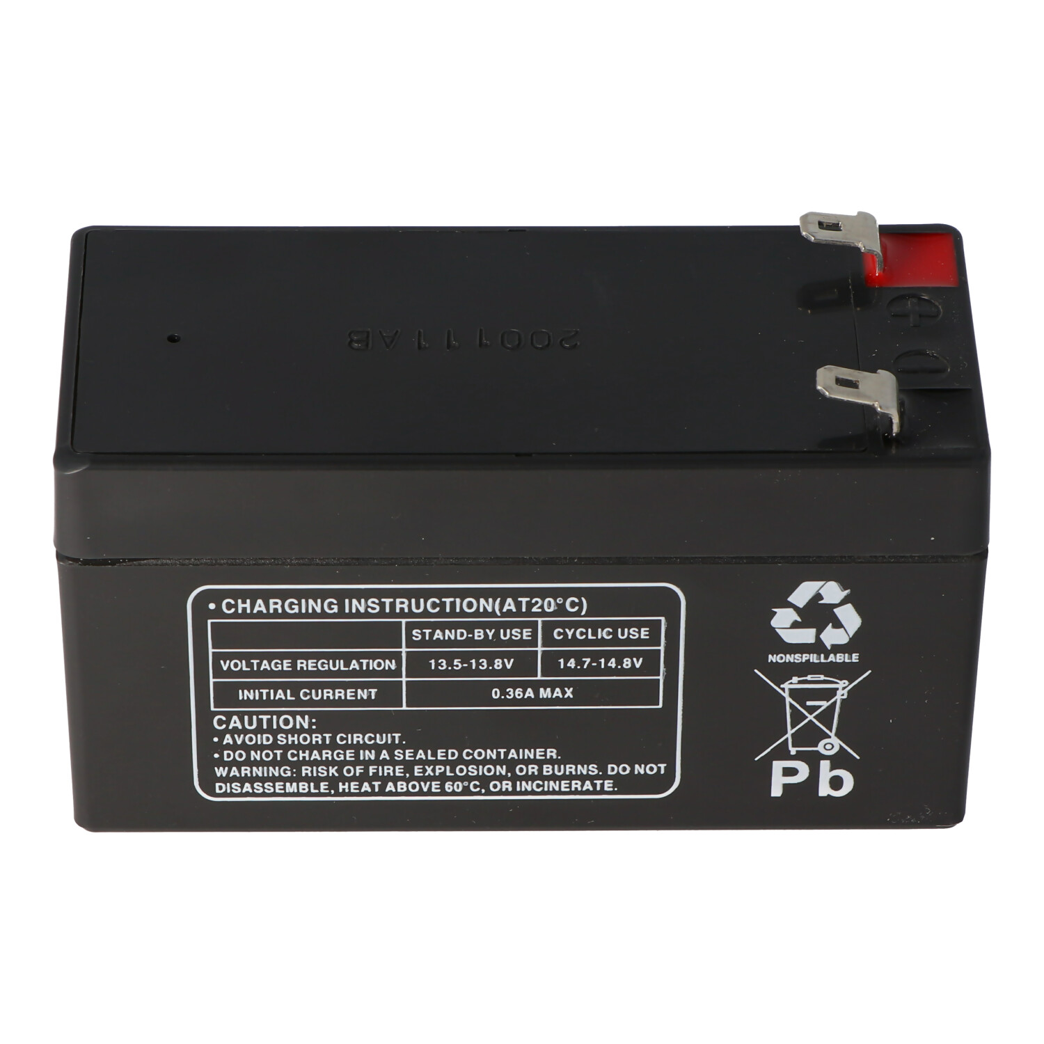Eine schwarze, rechteckige Batterie mit einem Warnhinweis. Sie hat zwei Metallanschlüsse oben.