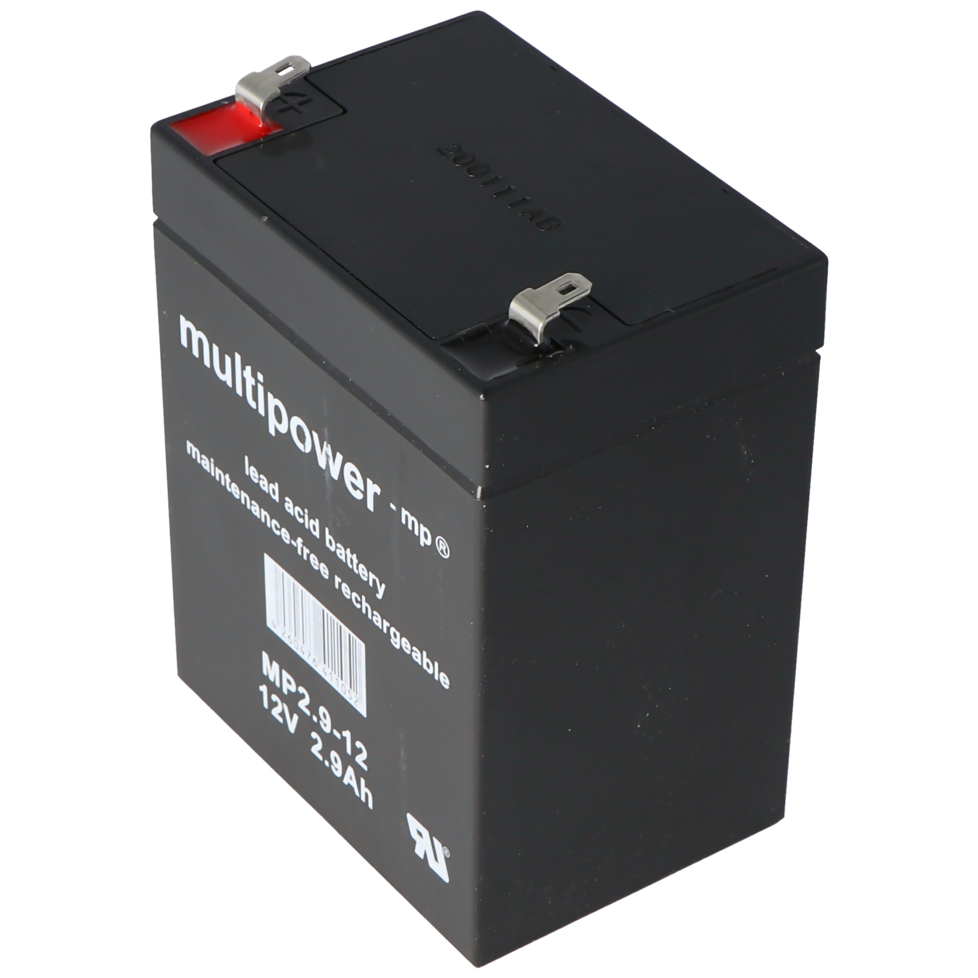 Zwarte batterij met witte tekst. 'Multipower' en 'MP2.9-12 12V 2.9Ah' zijn zichtbaar.