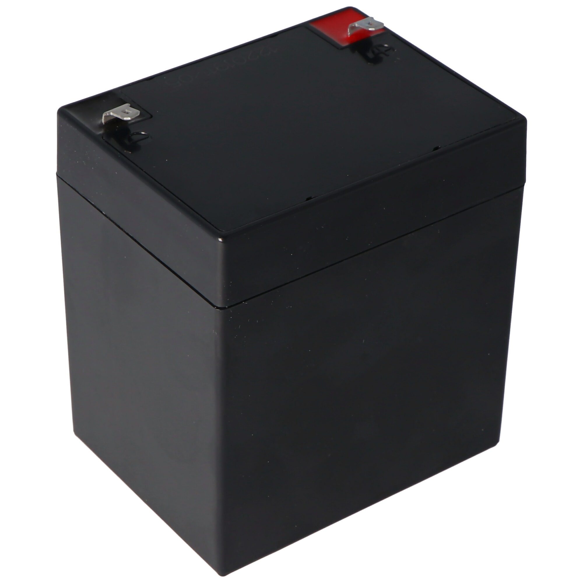 A black rectangular battery, with a red terminal, on a white background.