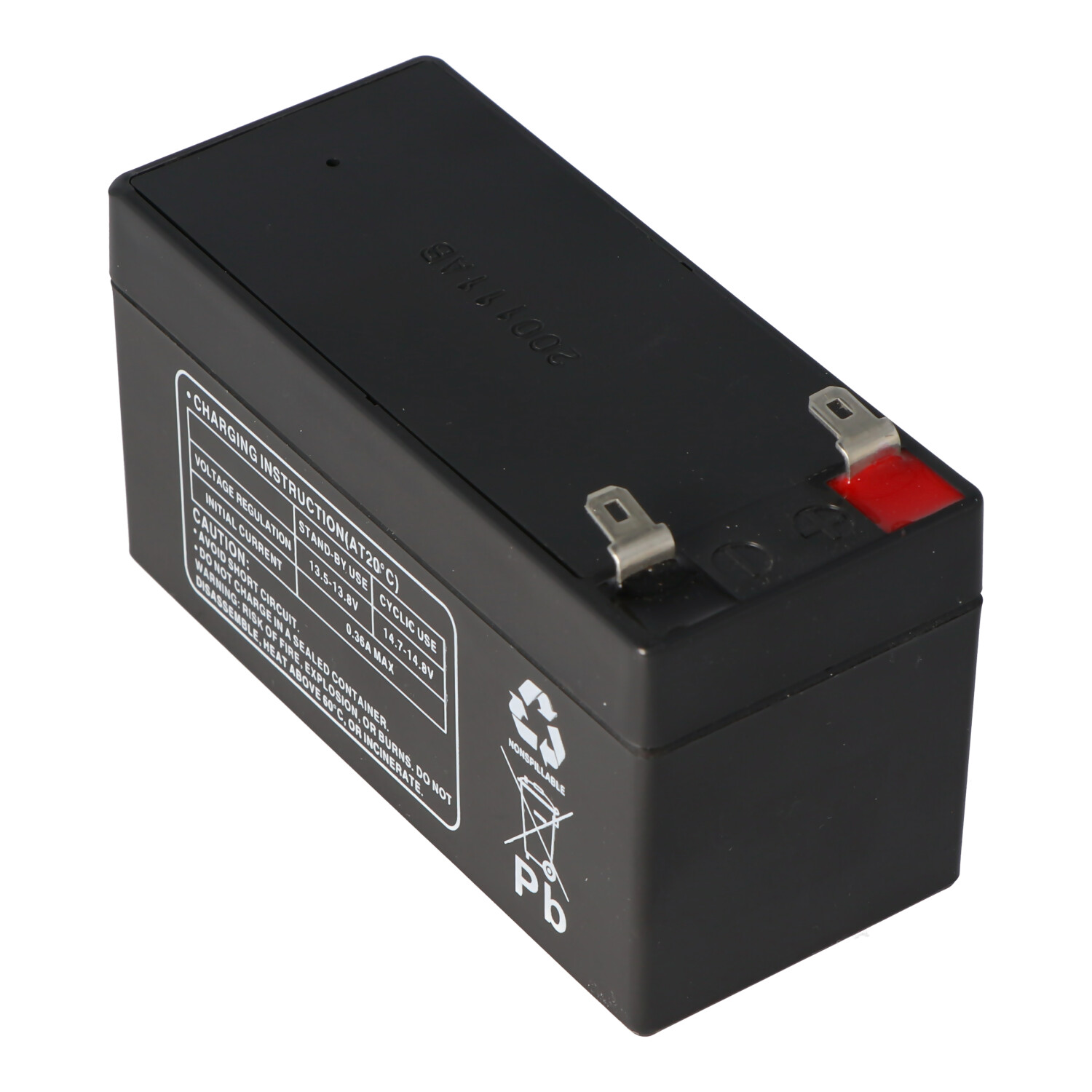Schwarze rechteckige Batterie mit Ladeanweisungen. Mit Recycling-Symbol und Pb-Symbol.