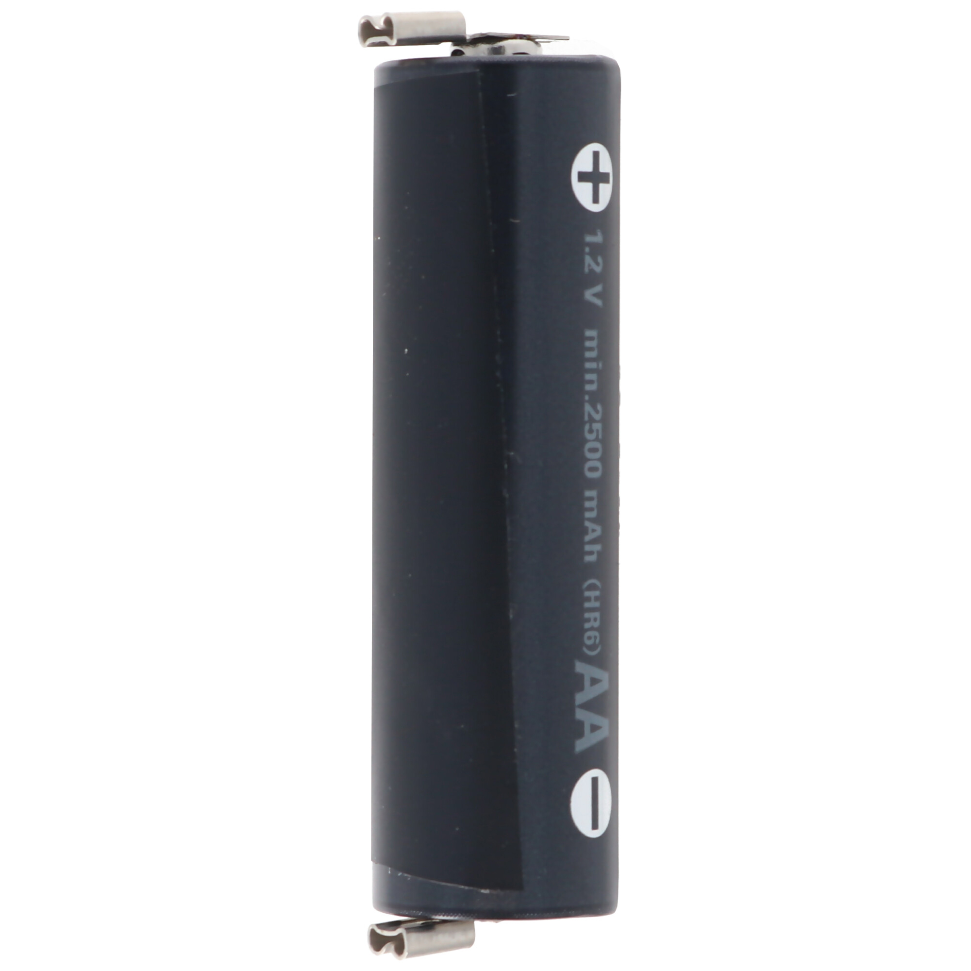 Schwarz-silberne AA-Batterie. Plus- und Minuszeichen an der Seite.