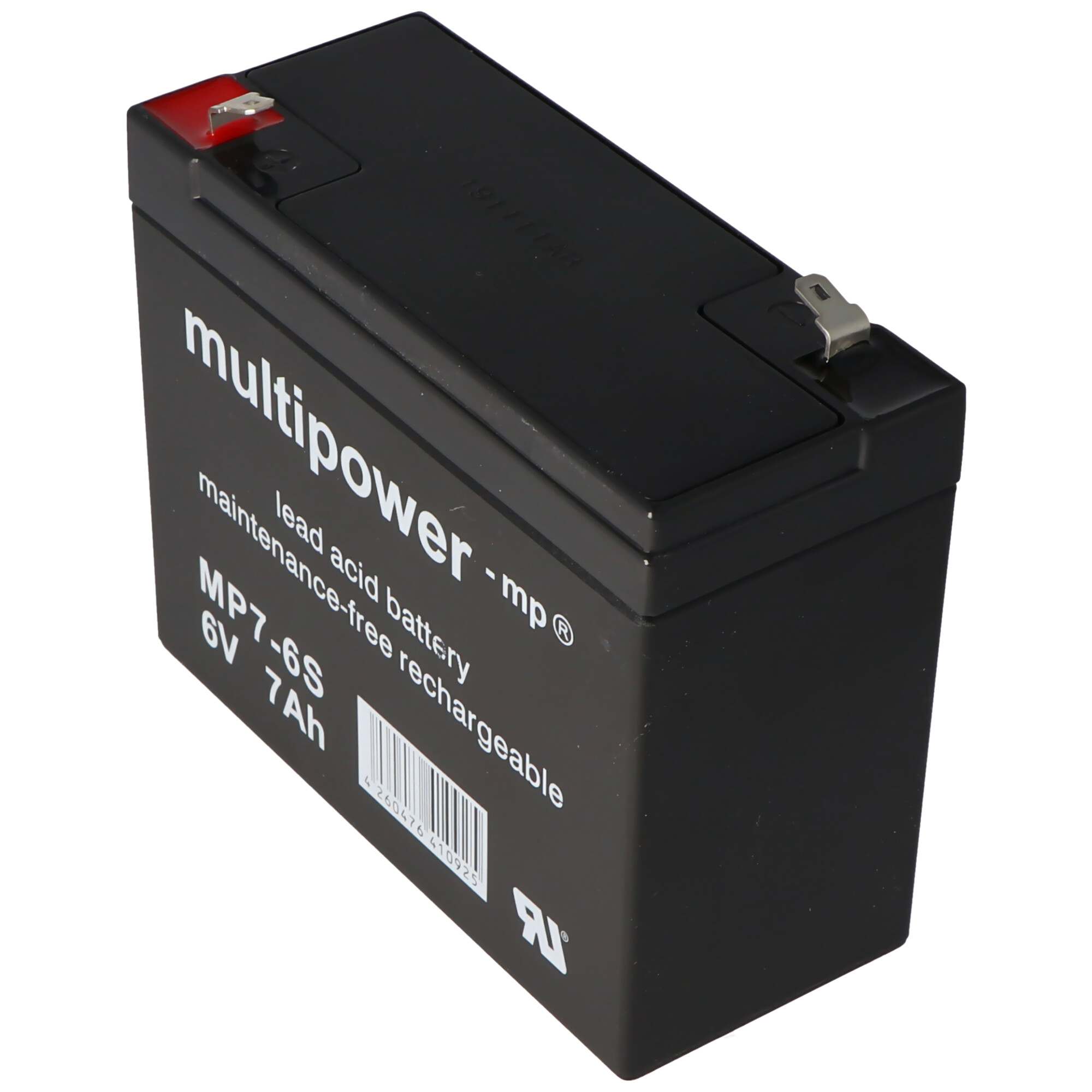 Schwarze Batterie mit weißem Text: multipower, 6V, 7Ah.