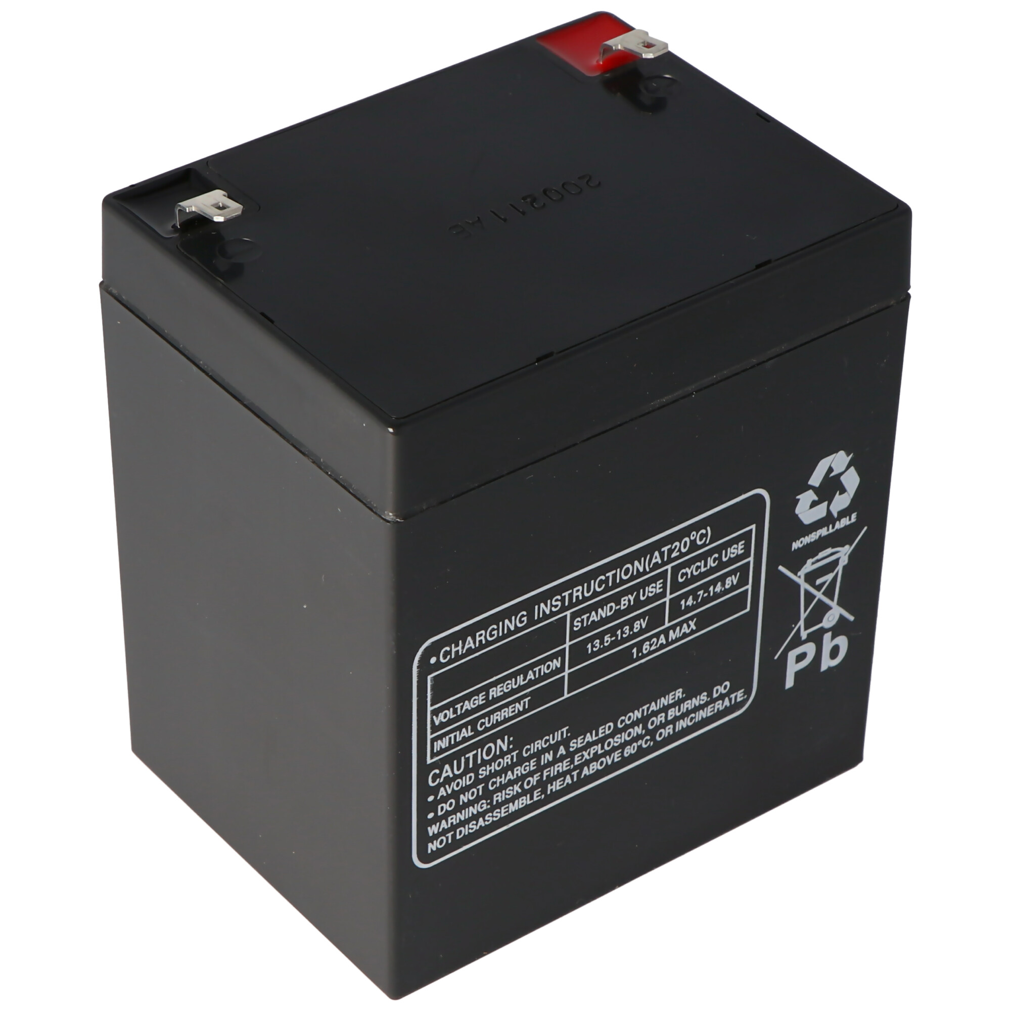 Eine schwarze, rechteckige Batterie mit Etiketten und Warnhinweisen wird angezeigt.