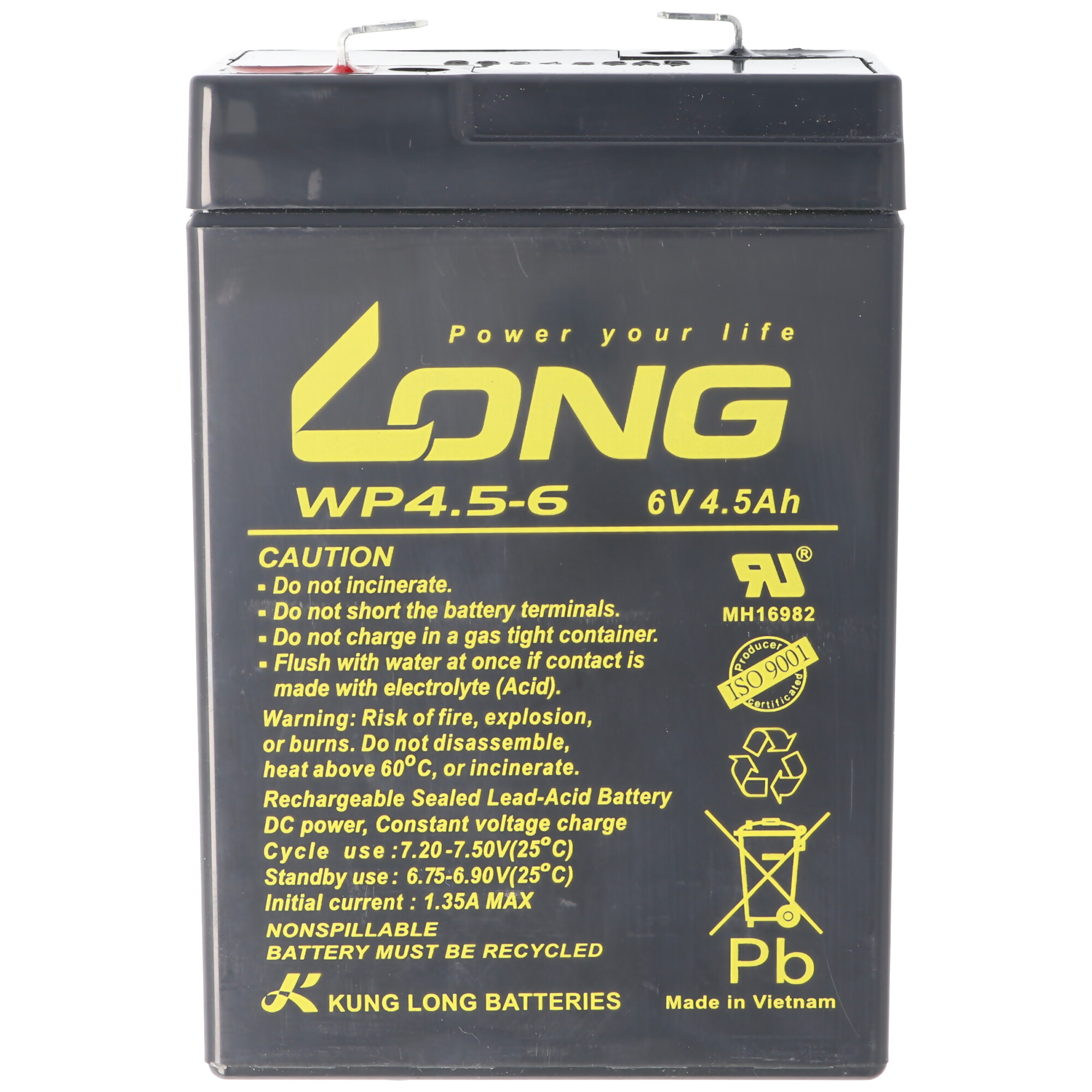 Eine schwarze, rechteckige Batterie mit gelbem Etikett. Sie hat Warnungen und technische Daten.