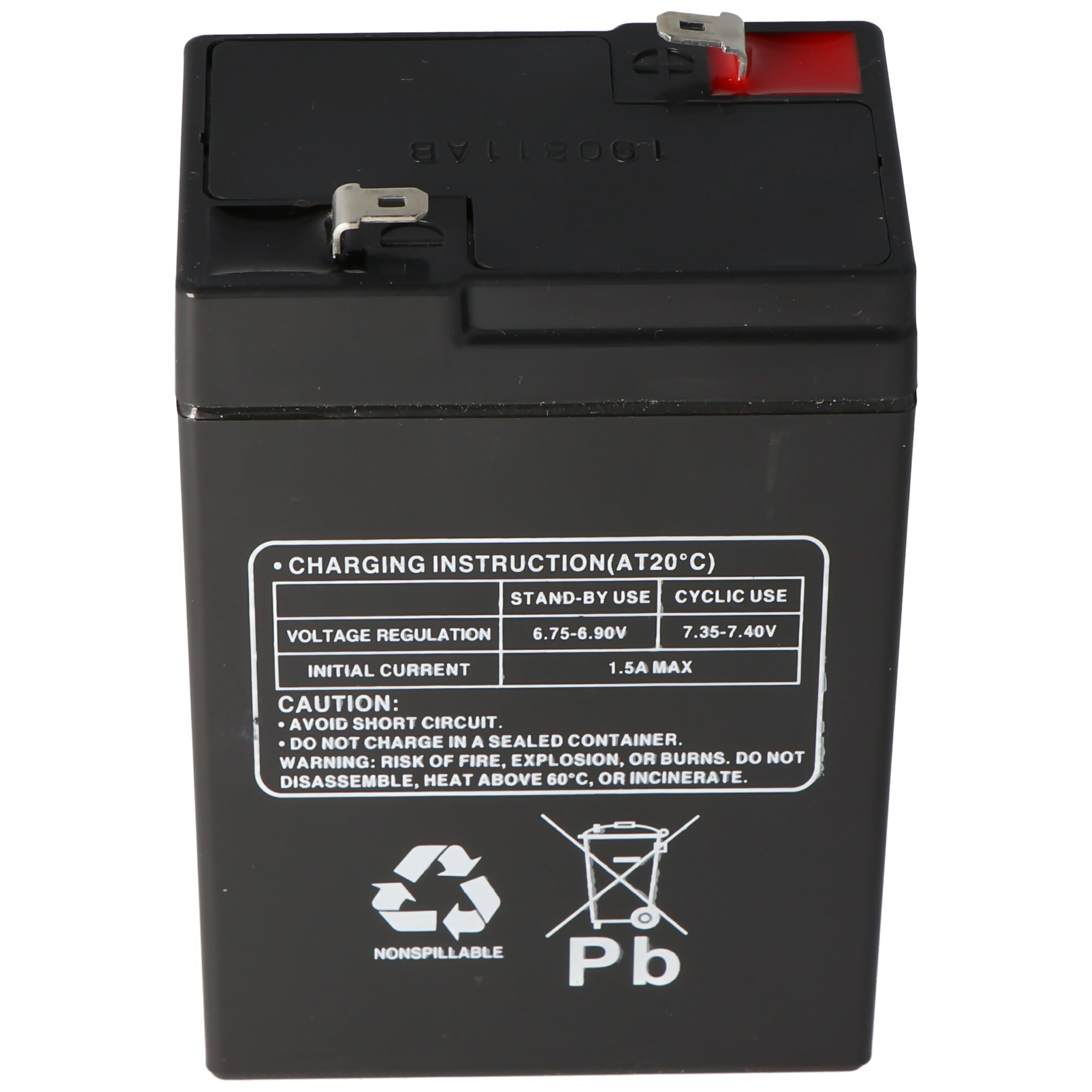 Batteria nera con etichette di avvertenza e istruzioni di ricarica, sfondo bianco.
