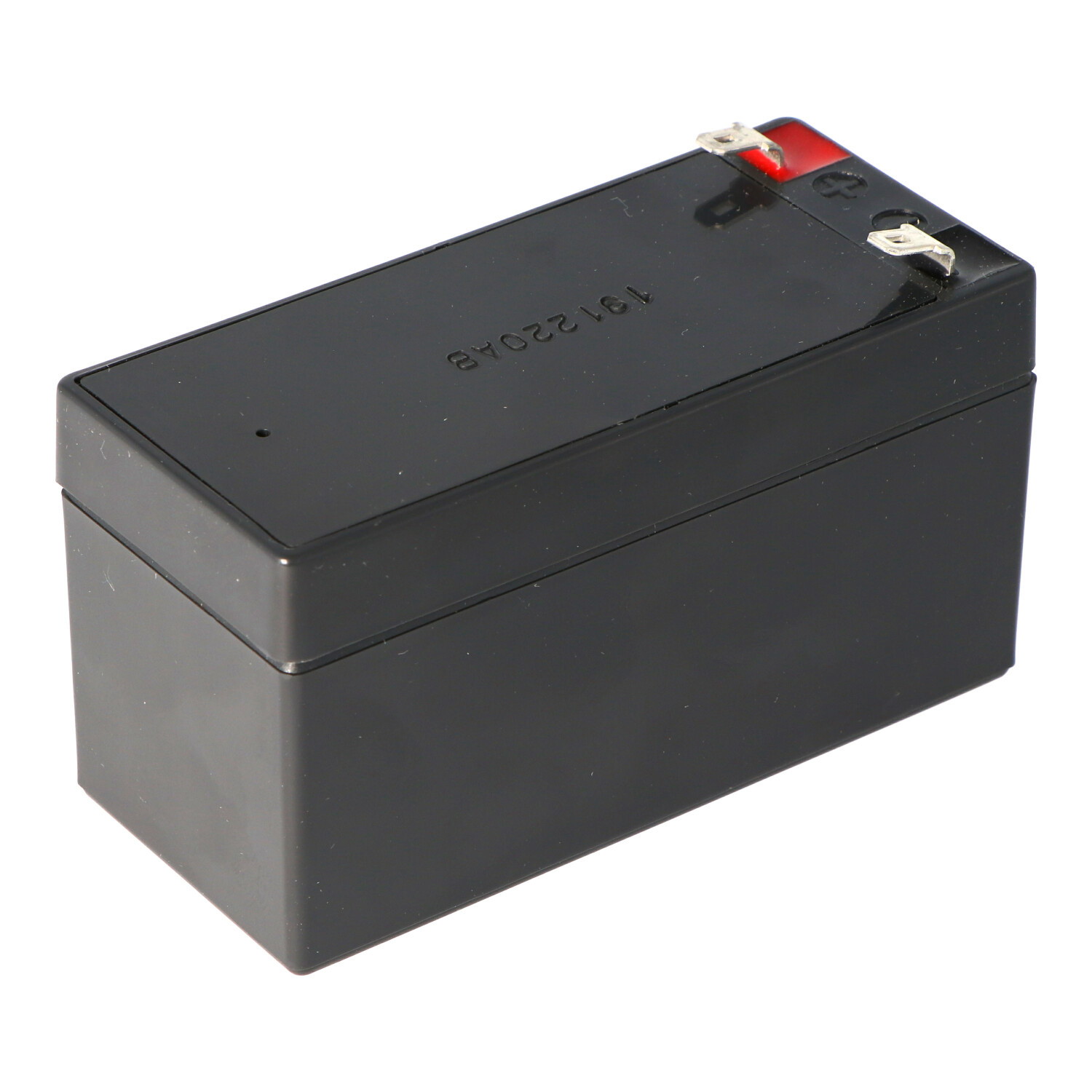 Schwarze Batterie. Draufsicht, die Anschlüsse zeigt.