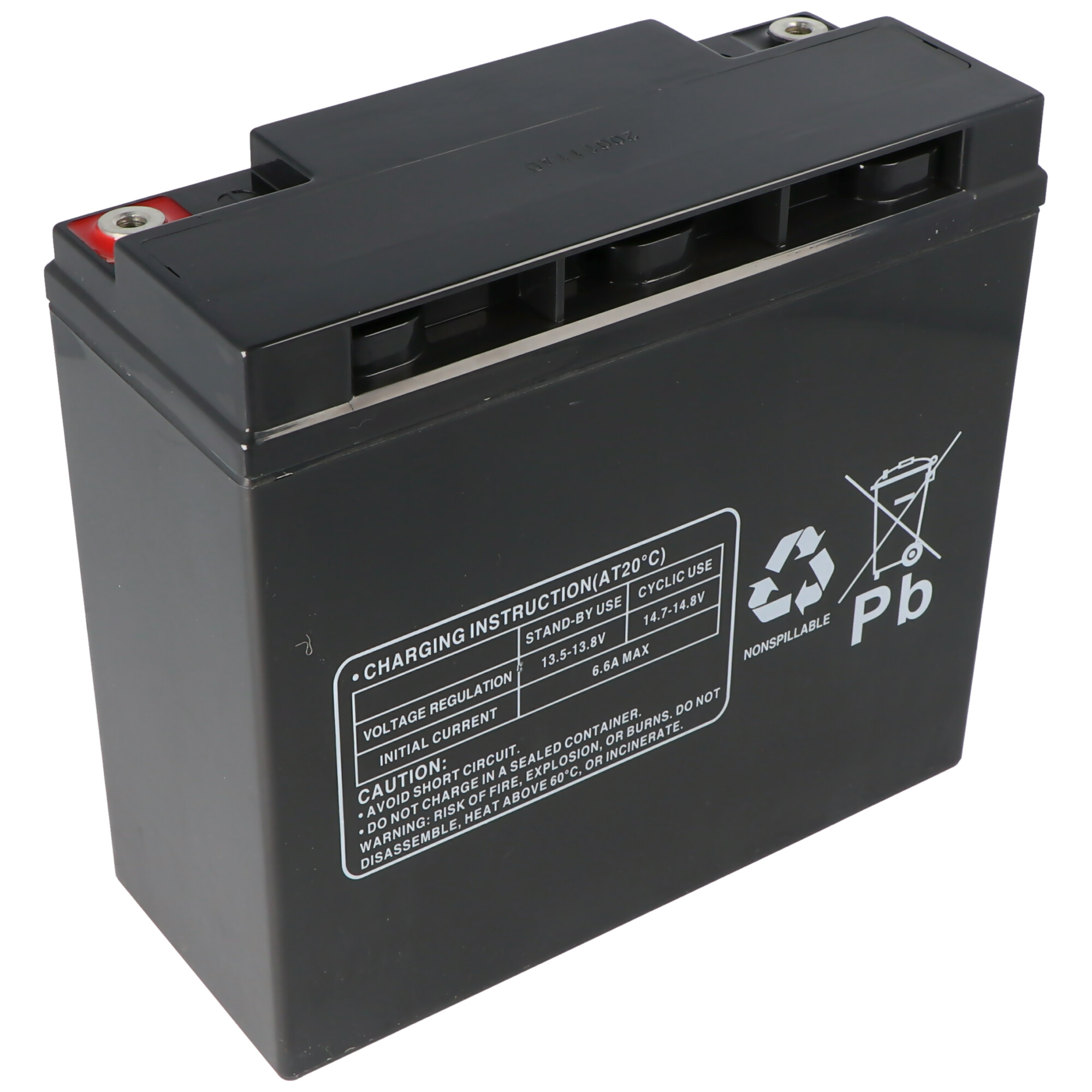 Schwarze Batterie mit Text und Warnhinweisen. Weißer Hintergrund.