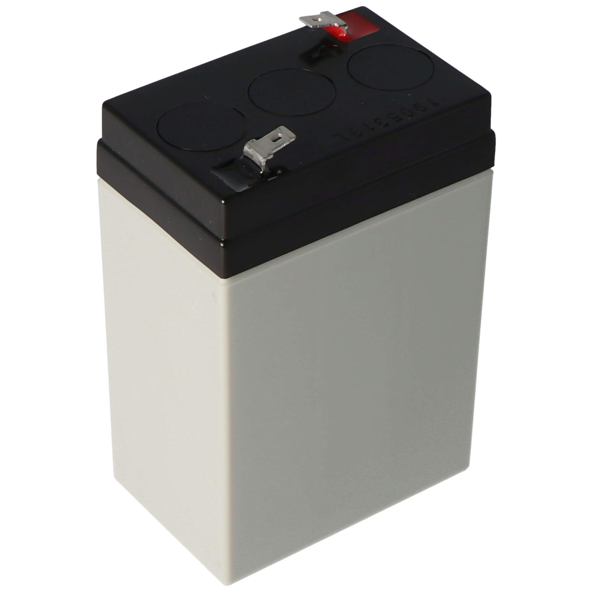 Kleine rechteckige Batterie, schwarze Oberseite, hellgrauer Körper, zwei sichtbare Anschlüsse.