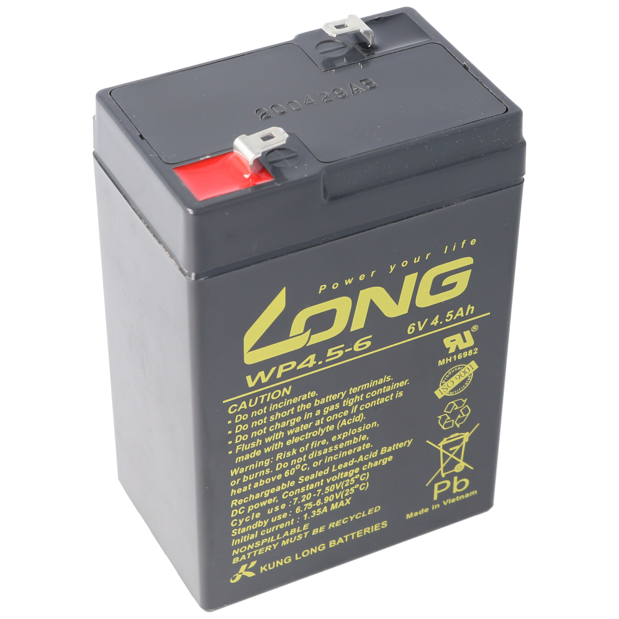 Schwarz-graue Batterie mit dem 'Long'-Logo. Weißer Hintergrund.