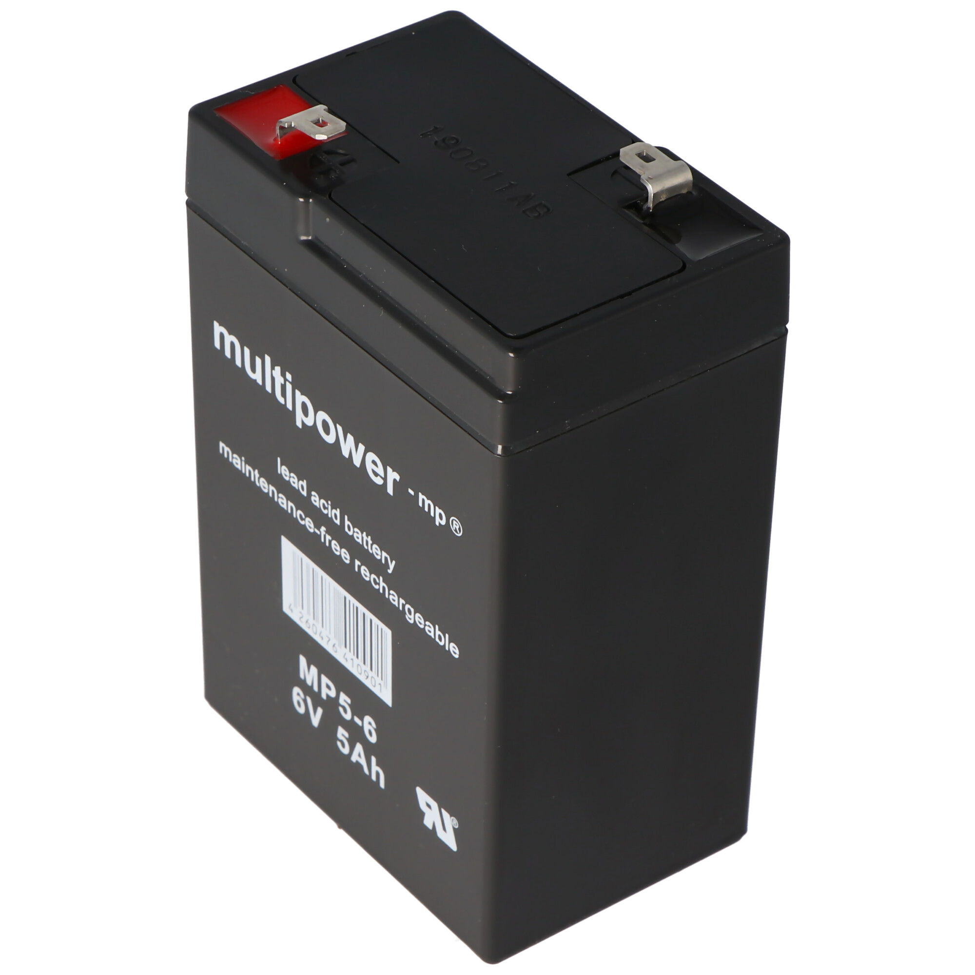 Schwarze Batterie mit weißem Text. 'Multipower' und 'MP5-6 6V 5Ah' sind sichtbar.