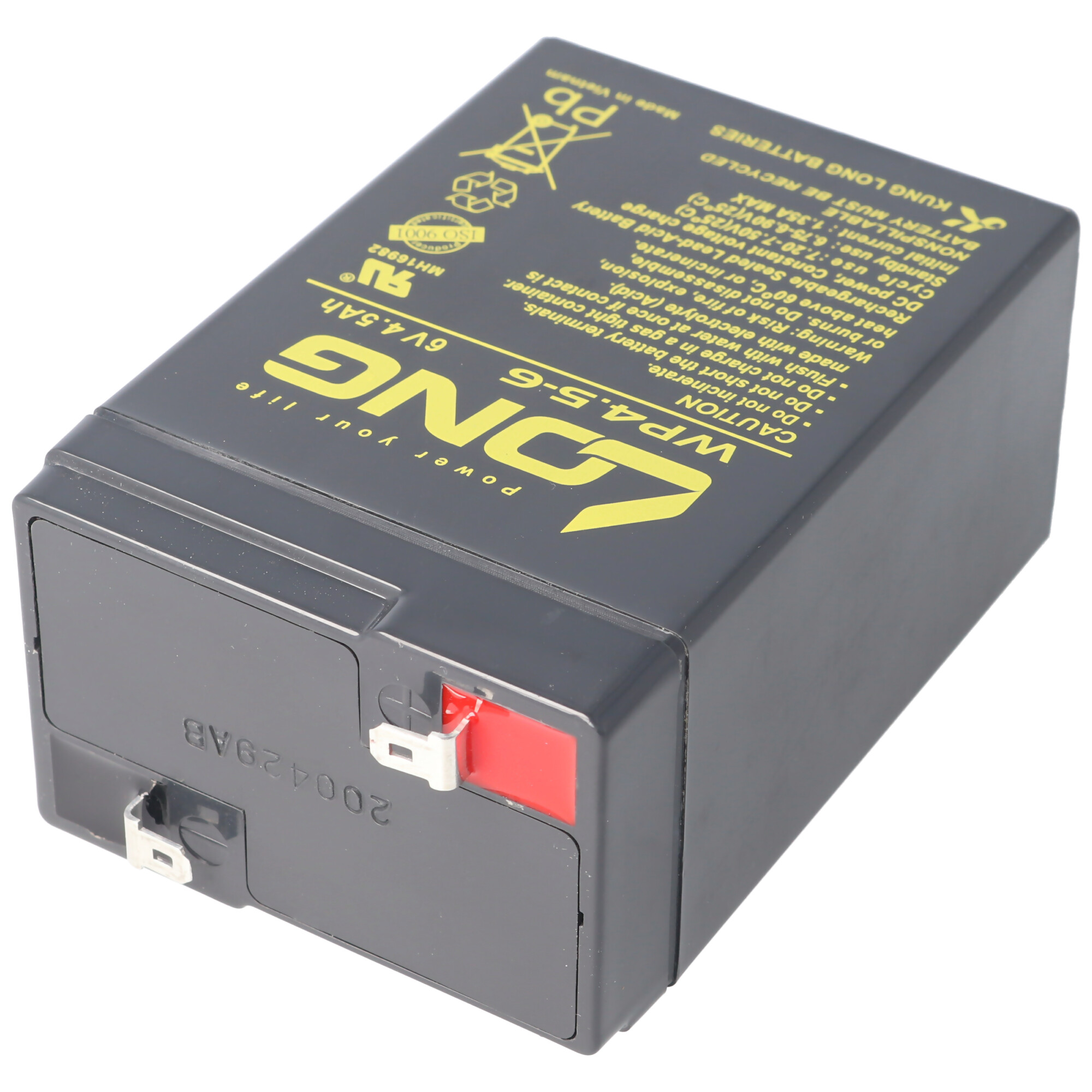 Eine schwarze Batterie mit gelbem Text. Die Batterie ist rechteckig und hat einen roten Anschluss.