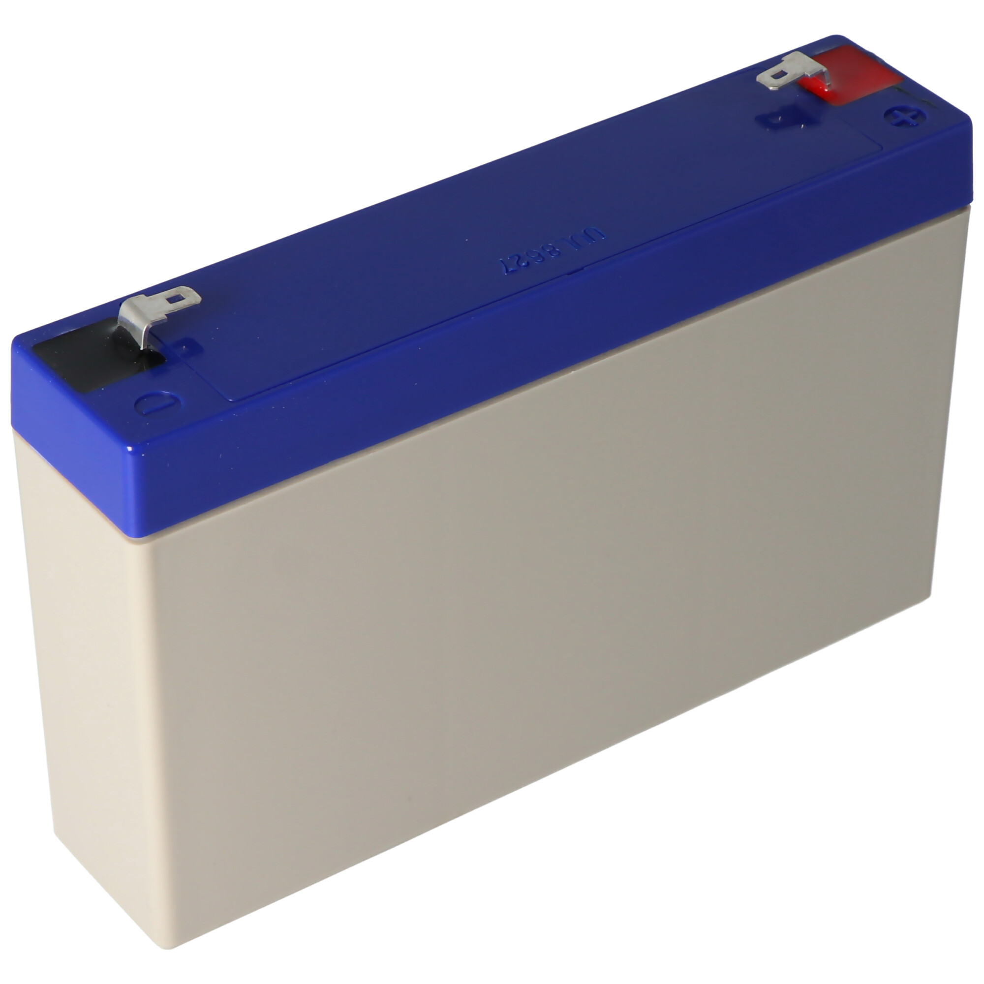 Rechteckiger Akku, beige mit blauem Deckel. Metallische Kontaktpunkte. Schwarzer Text oben.