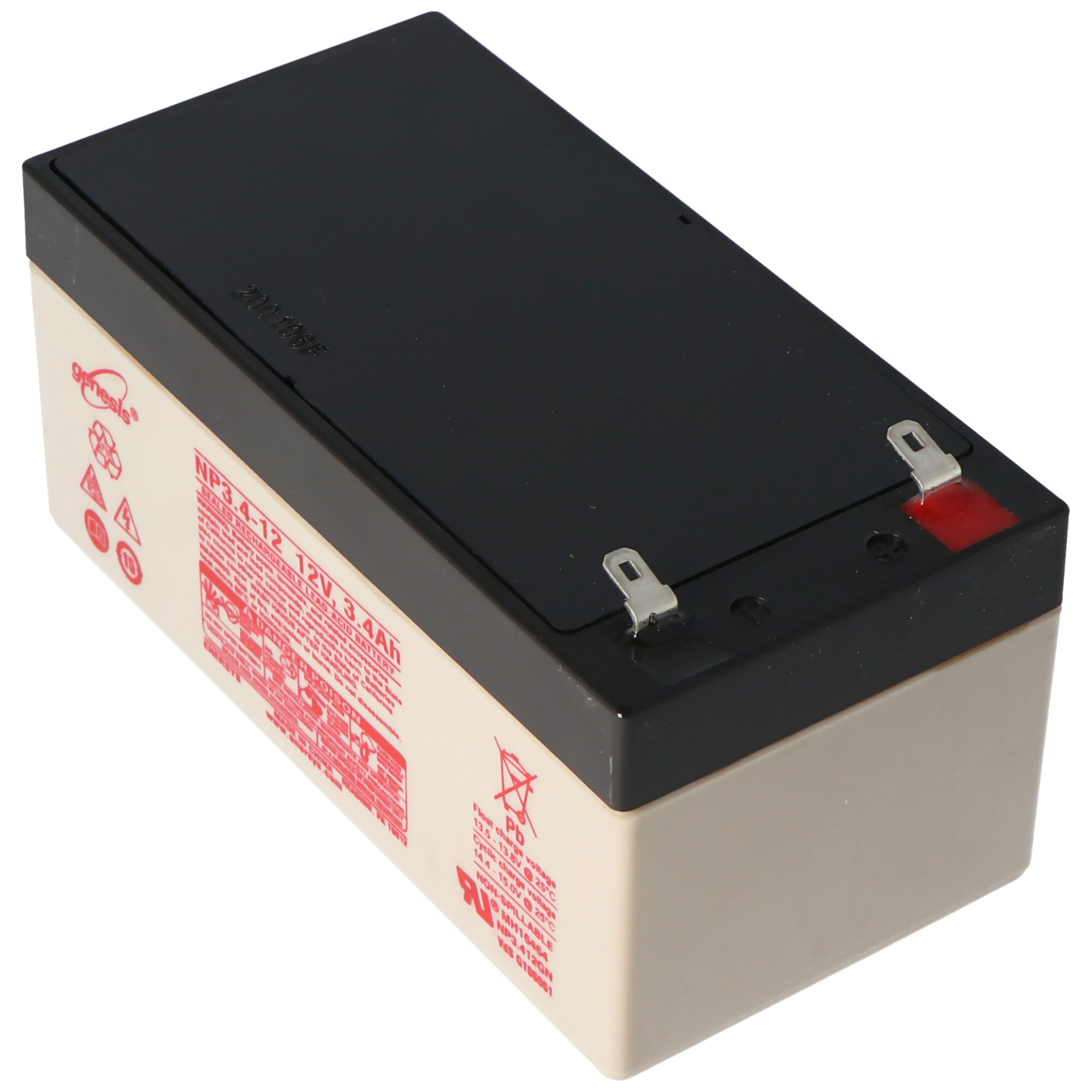 Eine schwarz-beige Batterie mit Etiketten und rotem Anschluss auf weißem Grund.