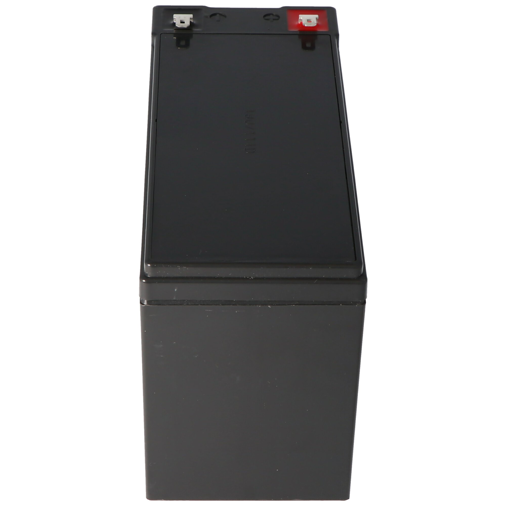Schwarze rechteckige Batterie mit Anschlüssen oben. Draufsicht.