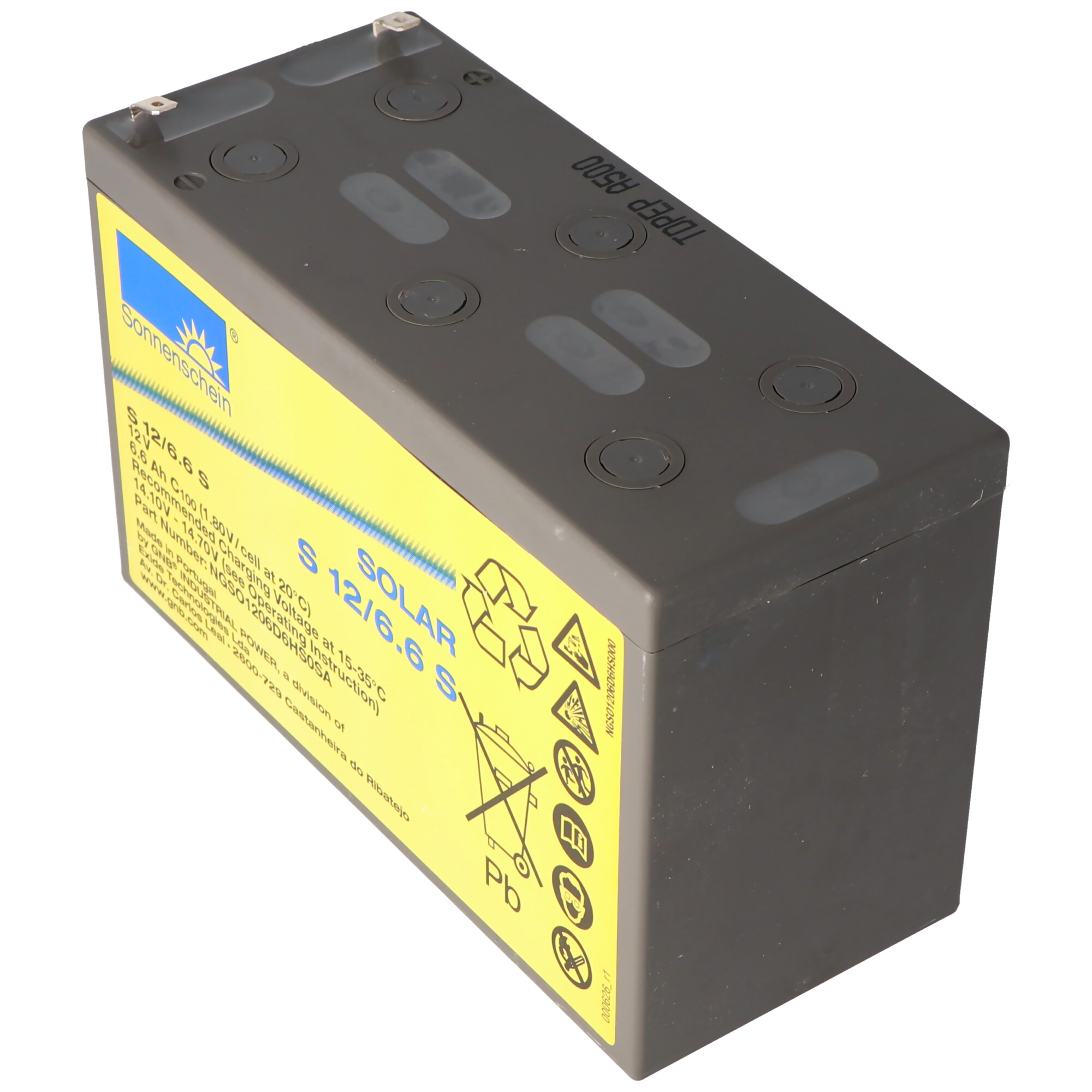 Eine graue rechteckige Batterie mit gelbem Etikett auf weißem Hintergrund.