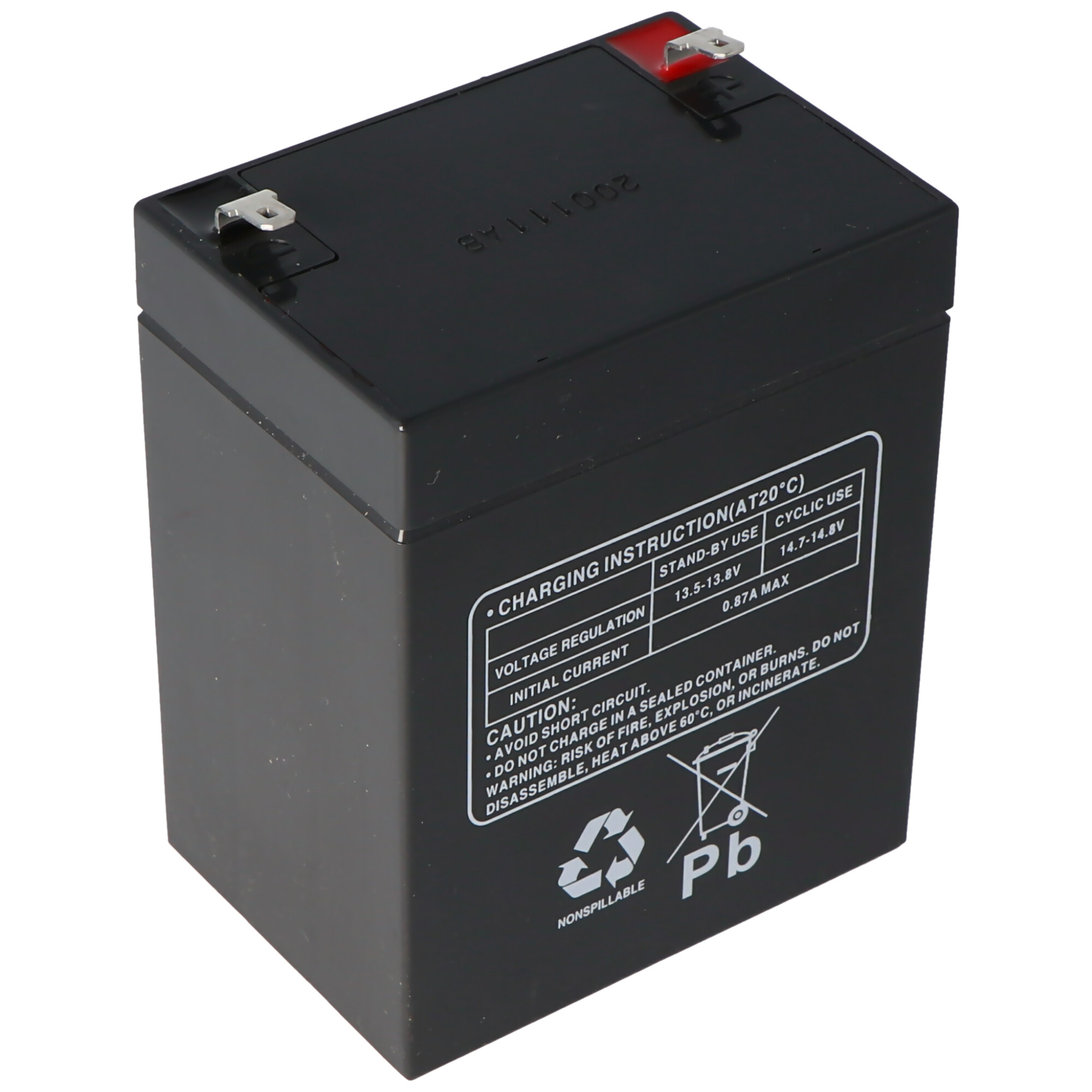 Zwarte rechthoekige batterij met een label met oplaadinstructies. Witte achtergrond.