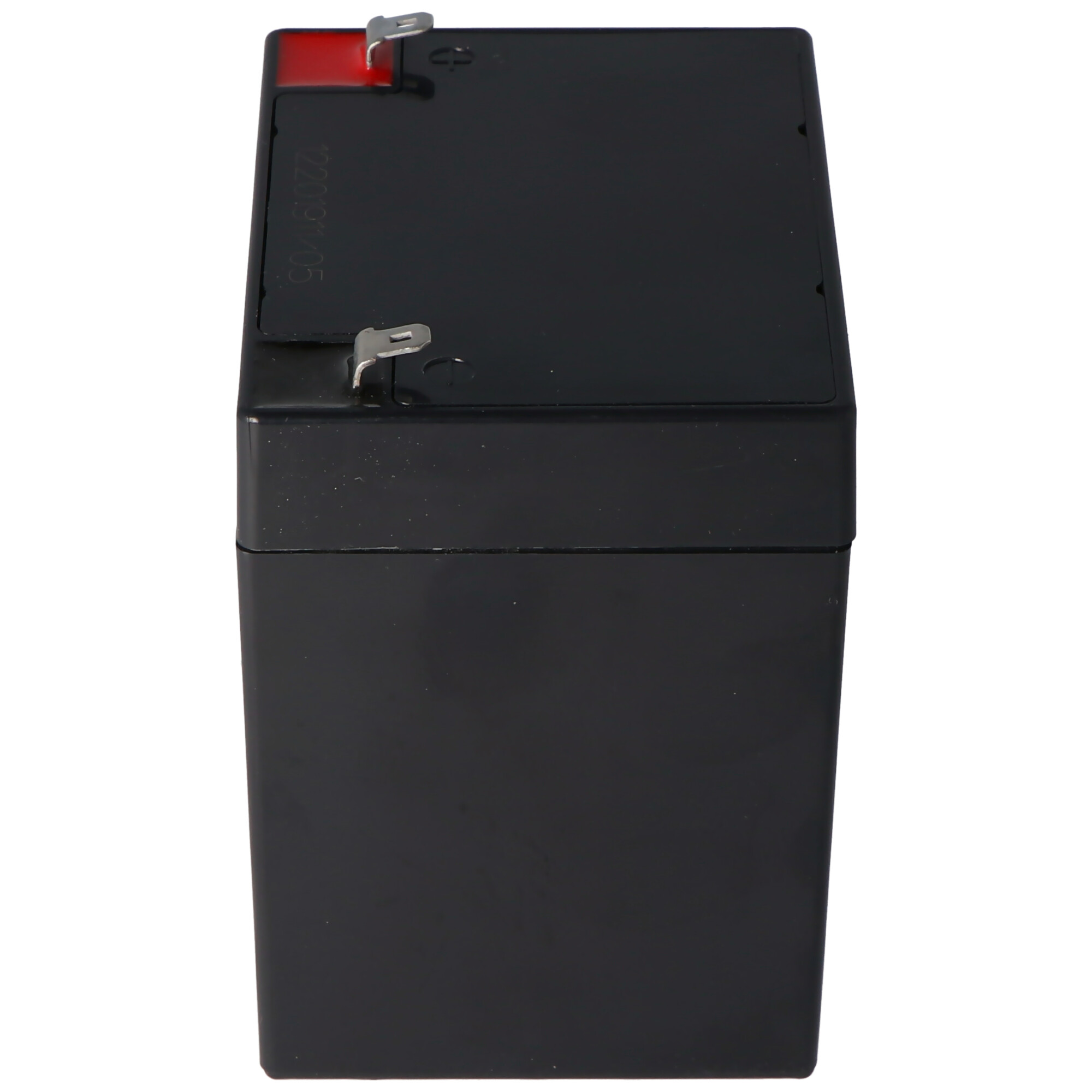 Black rectangular battery with red details. Top has two metal tabs. White background.