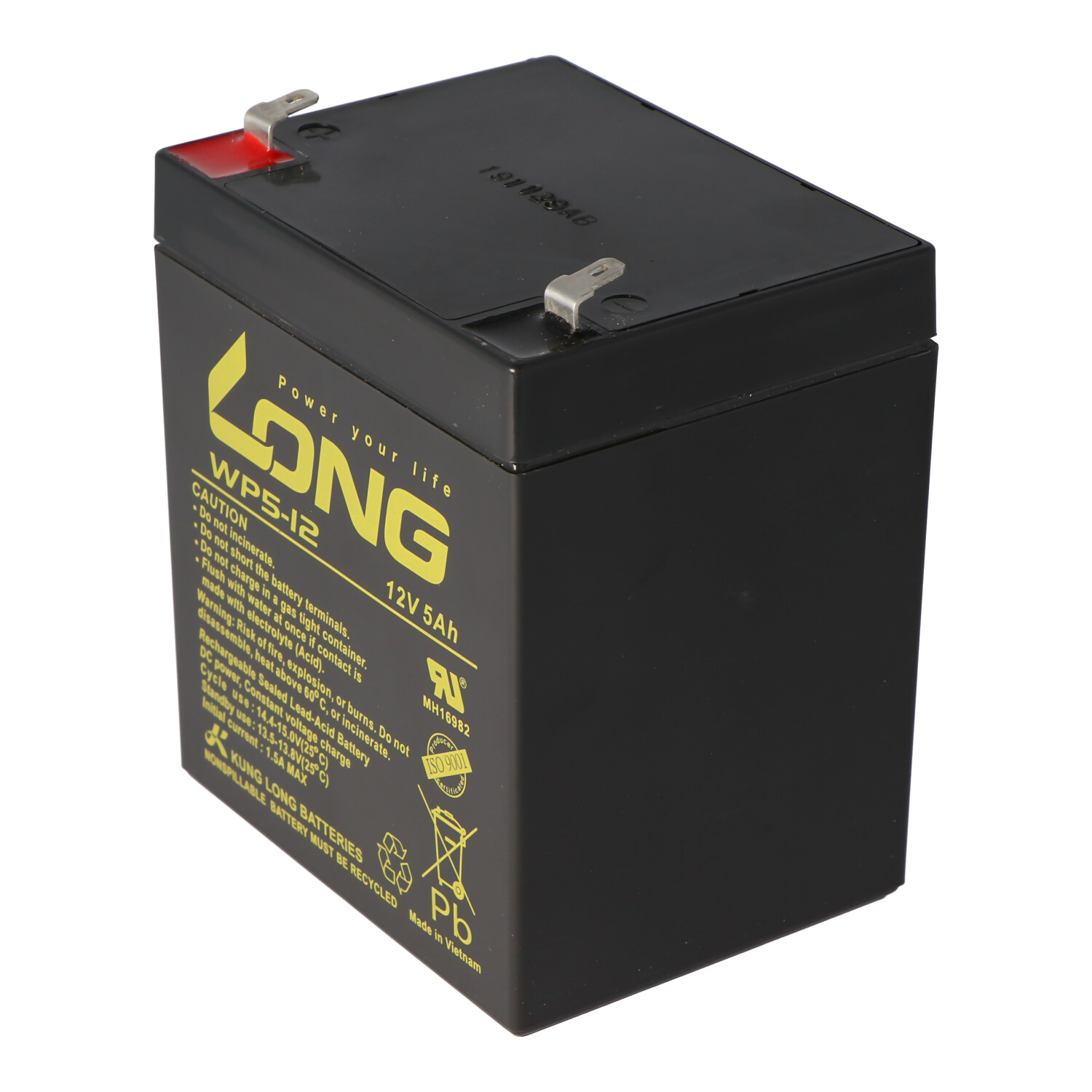 Eine schwarze Batterie mit Etikett und Metallanschlüssen vor weißem Hintergrund.
