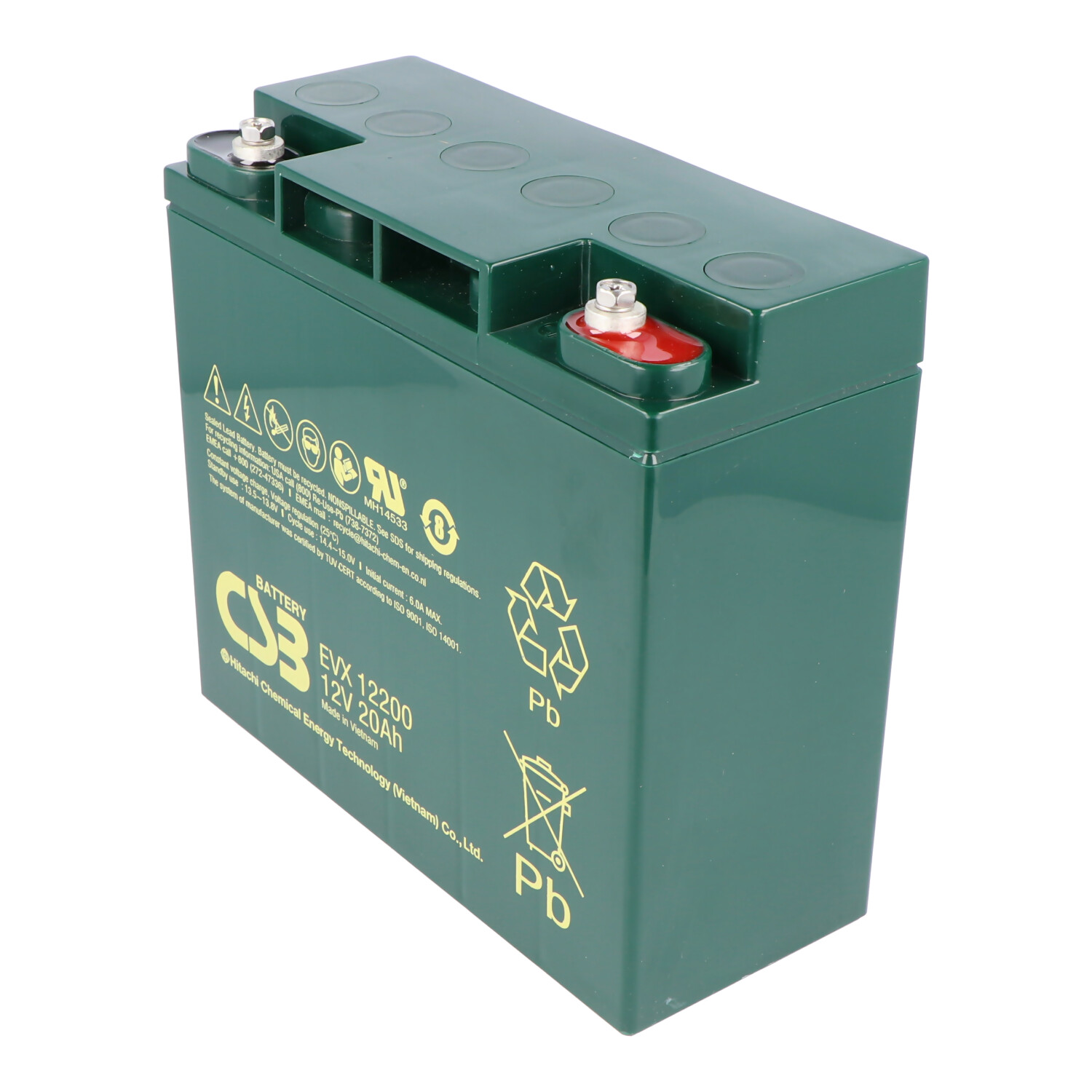 Groene rechthoekige batterij met tekst: CB EVX 12200, 12V 20Ah en recyclingsymbolen.