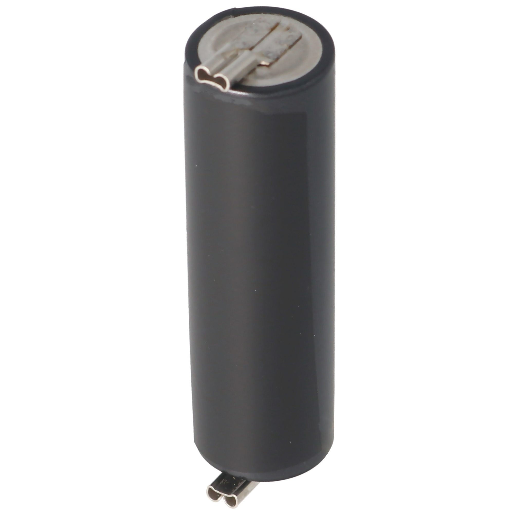 Schwarze zylindrische Batterie mit silbernen Kontakten oben und unten. Es ist eine Batterie.