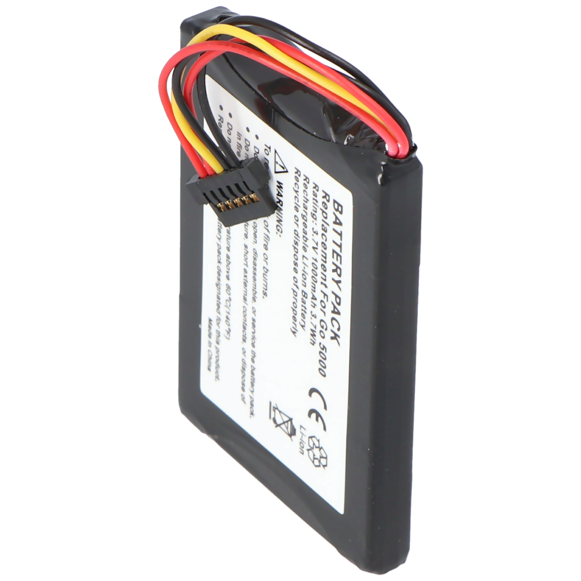 Zwart rechthoekig batterijpakket met aangesloten draden en een connector. Het label zegt 'Battery Pack' en waarschuwingen.