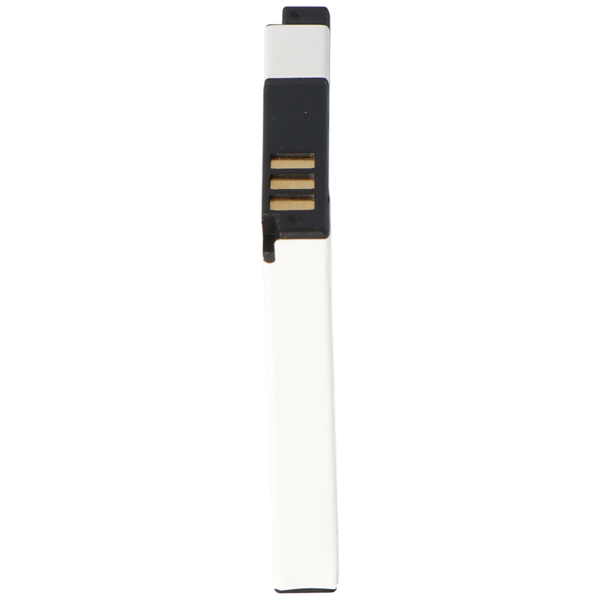 Una batteria rettangolare bianca e nera. Ha tre connettori color oro.