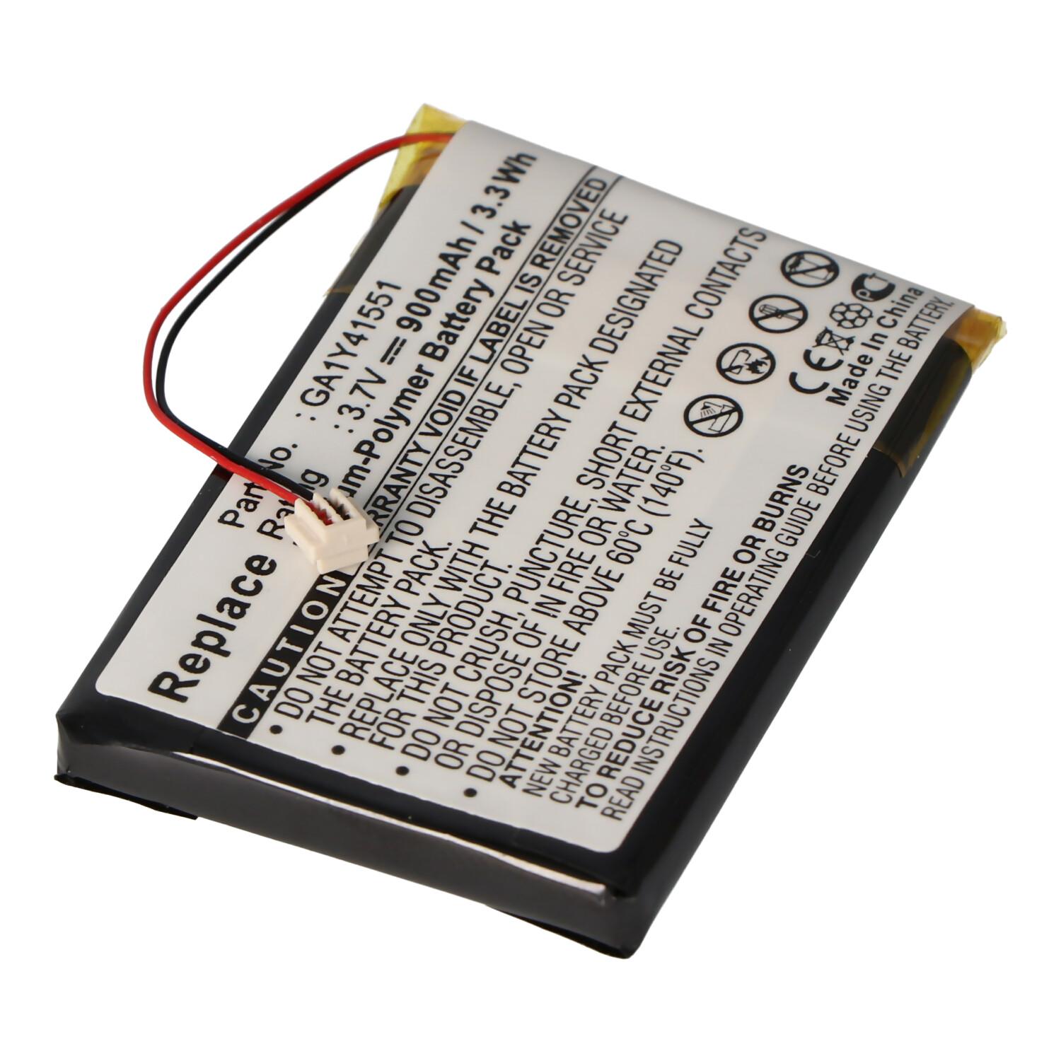 Batterie, mit einem Etikett, das Spezifikationen und Warnhinweise zeigt, mit roten und schwarzen Drähten.