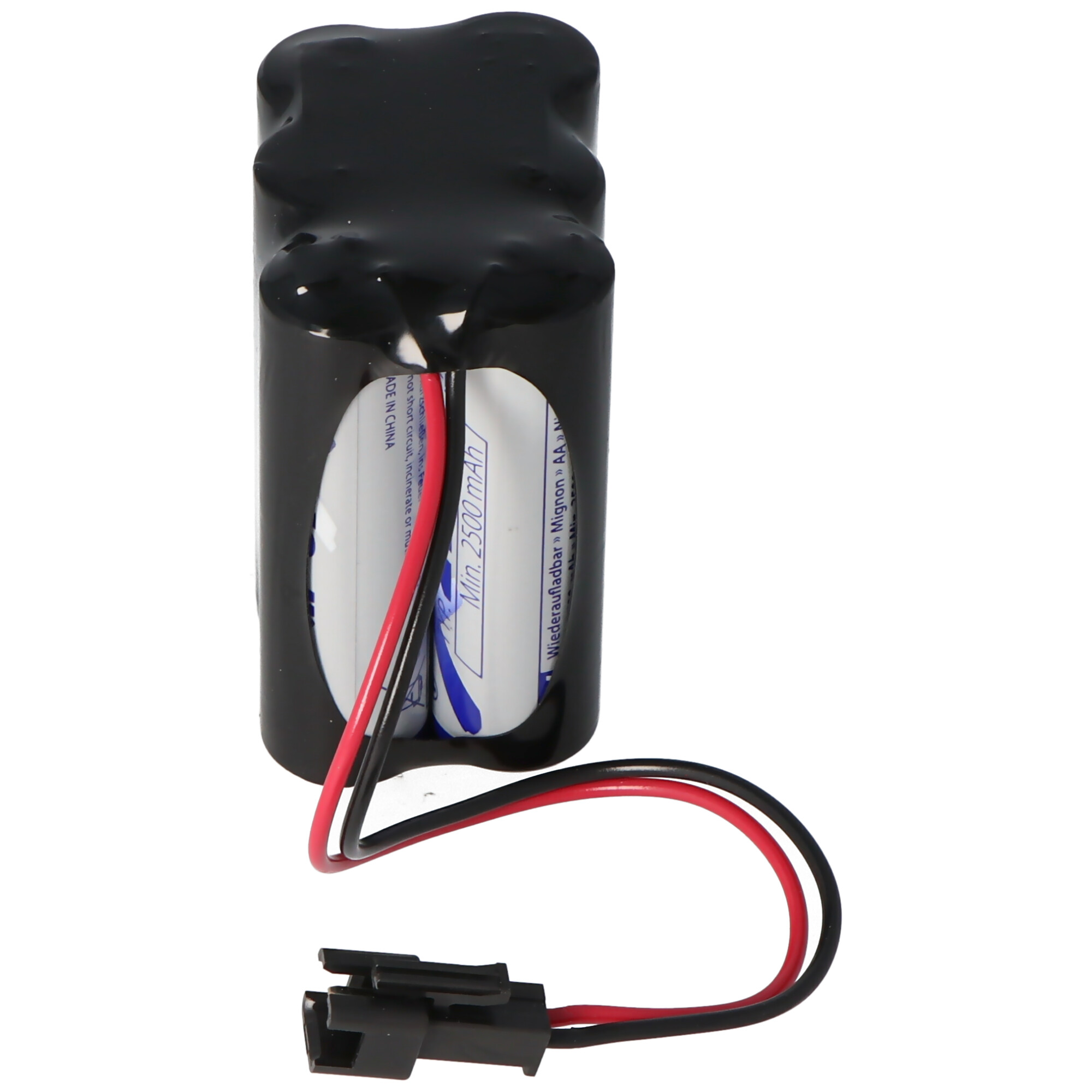 Schwarzer Akku mit roten und schwarzen Kabeln, zwei Mignon AA-Batterien.