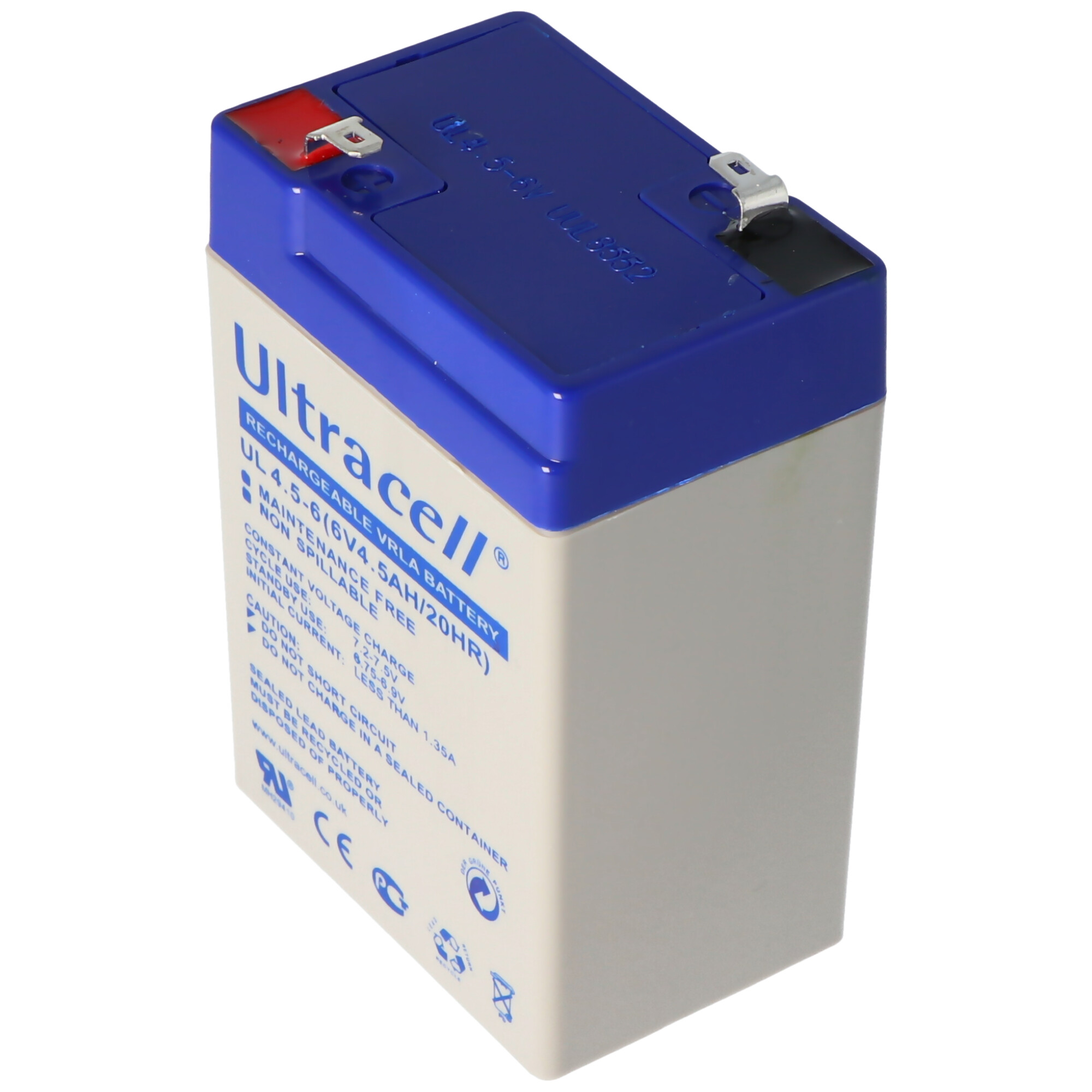 Een witte en blauwe batterij met een label. De batterij is rechthoekig met aansluitingen. De achtergrond is wit.
