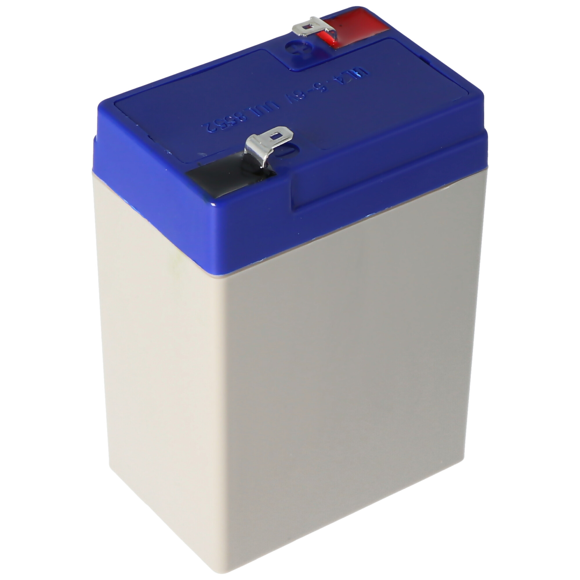 Een batterij met een blauwe bovenkant en een grijze behuizing. Hij is rechthoekig en heeft twee metalen lipjes.