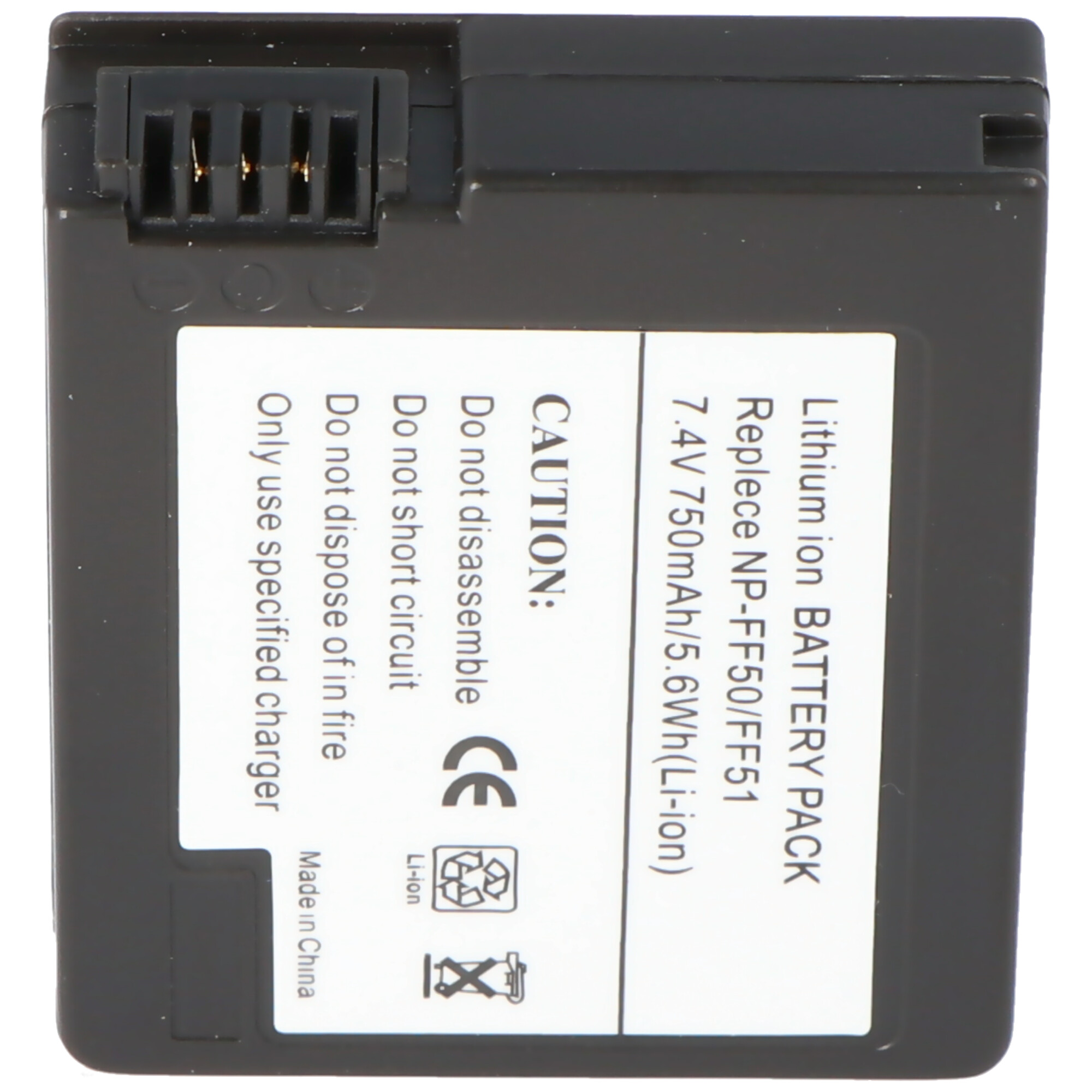 Schwarzer Lithium-Ionen-Akku. Etikett mit Text: Lithium-Ionen-AKKU. Vorsicht Text.
