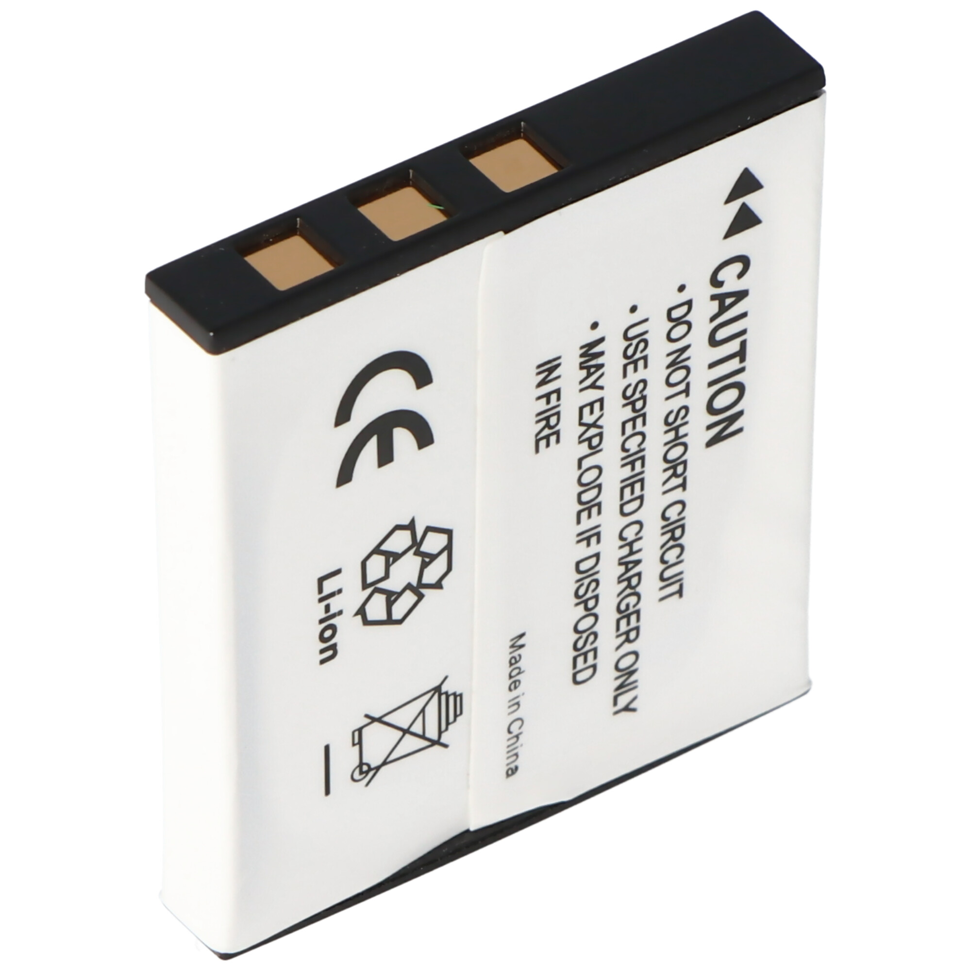 Eine kleine Batterie mit weißem Gehäuse und schwarzem Deckel mit Sicherheitssymbolen.