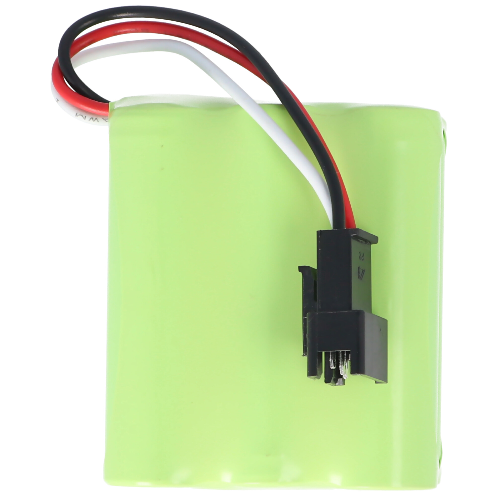 Eine grüne zylindrische Batterie mit schwarzen, weißen und roten Drähten, die an einem schwarzen Stecker befestigt sind.