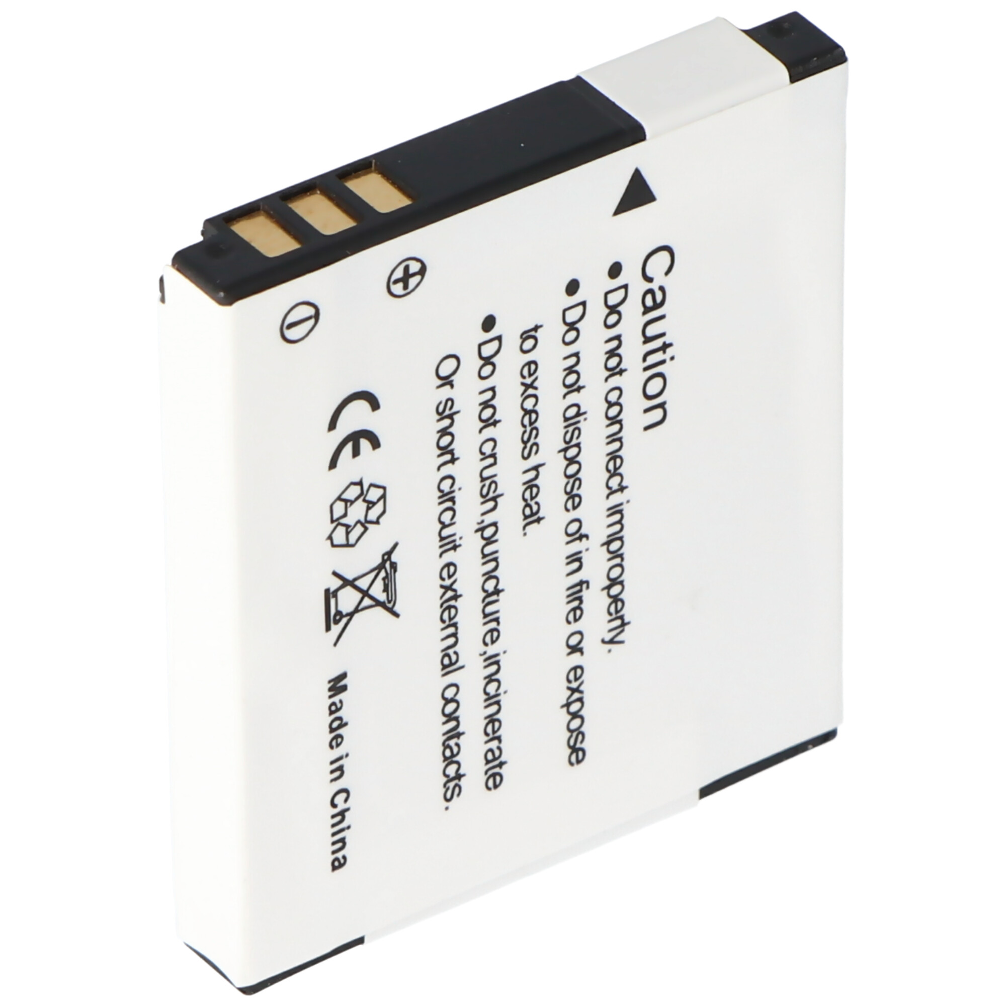 Una batteria rettangolare bianca con testo e simboli. Ha una parte superiore e inferiore nere, sfondo bianco.