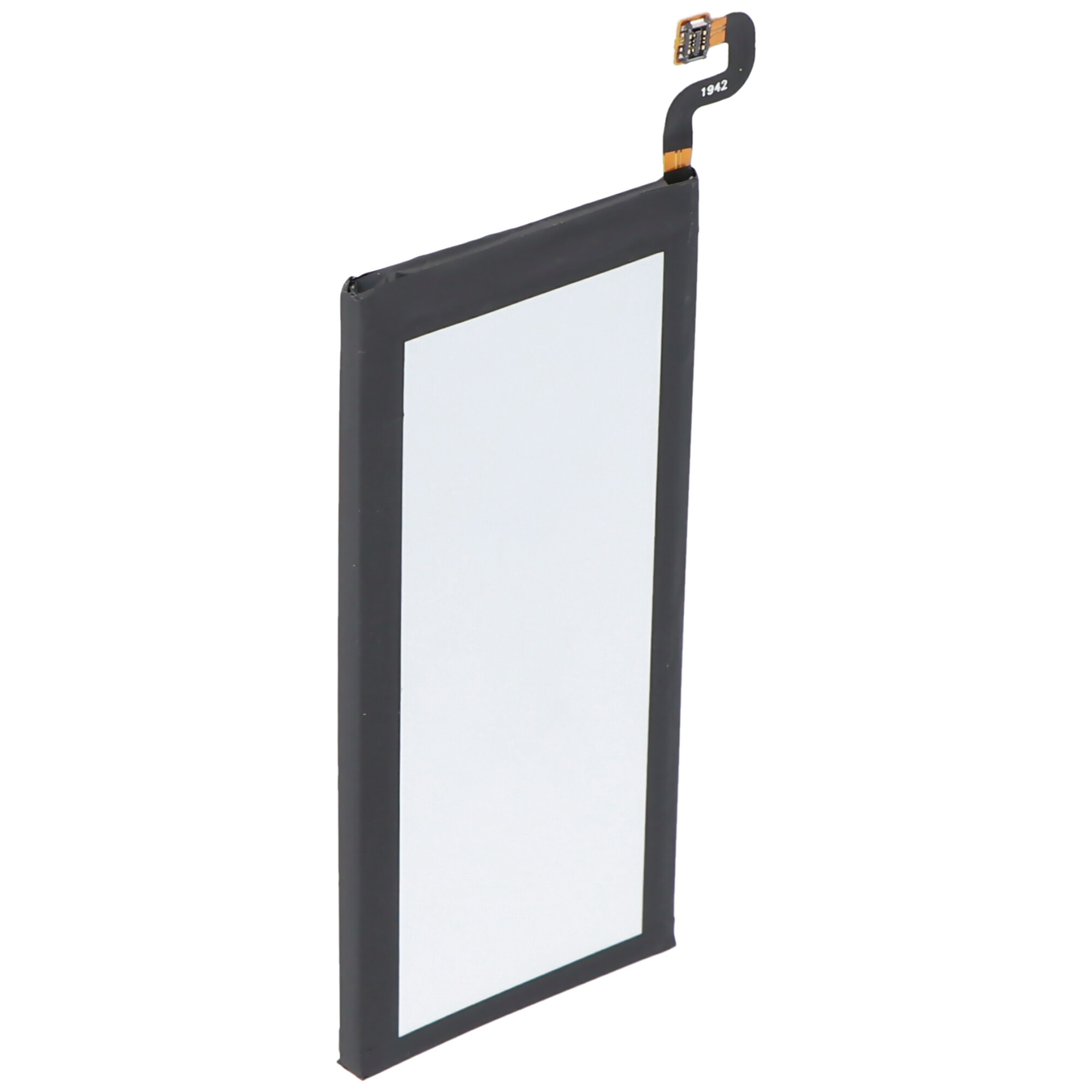 Rechthoekige batterij met witte kern, zwart frame en een flexkabel bevestigd aan de bovenkant.