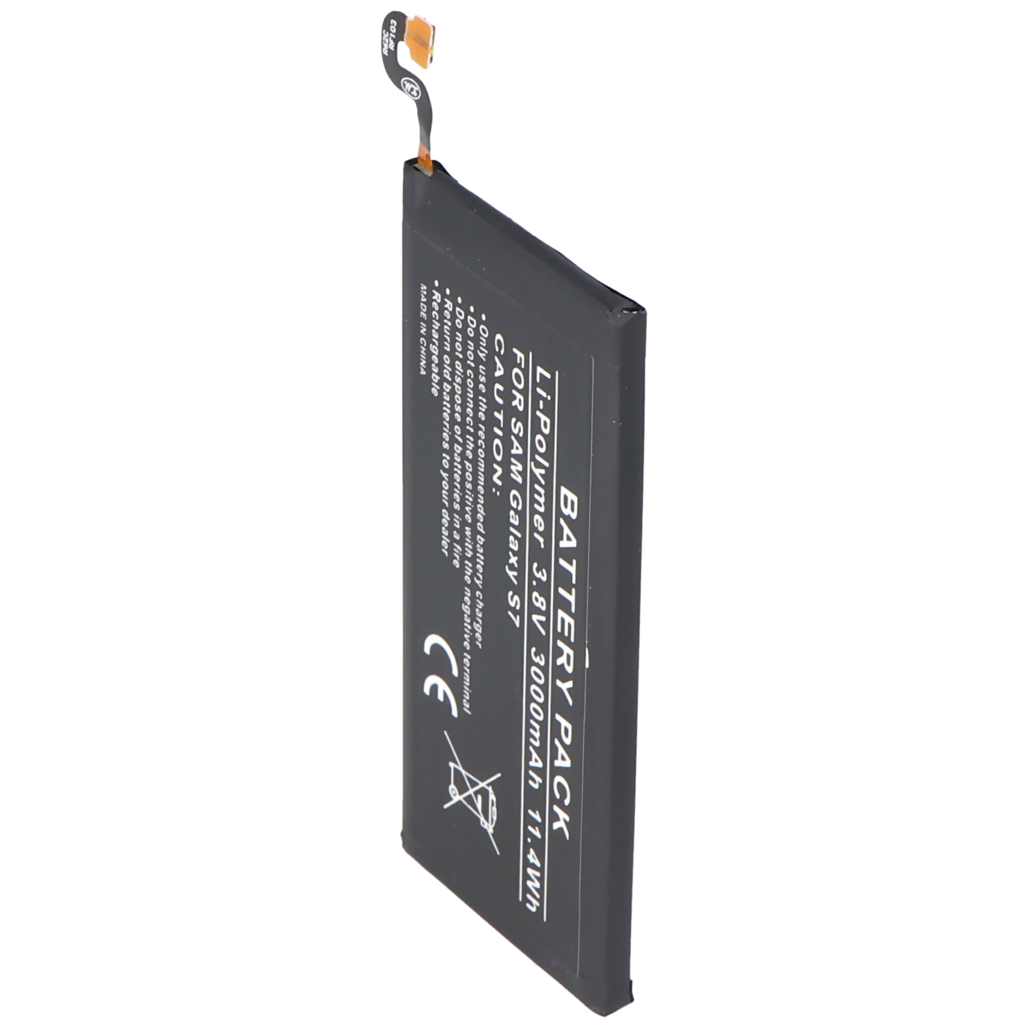 Zwarte rechthoekige batterij met tekst. Er staat 'For SAM Galaxy S7'. Draden zijn bevestigd.