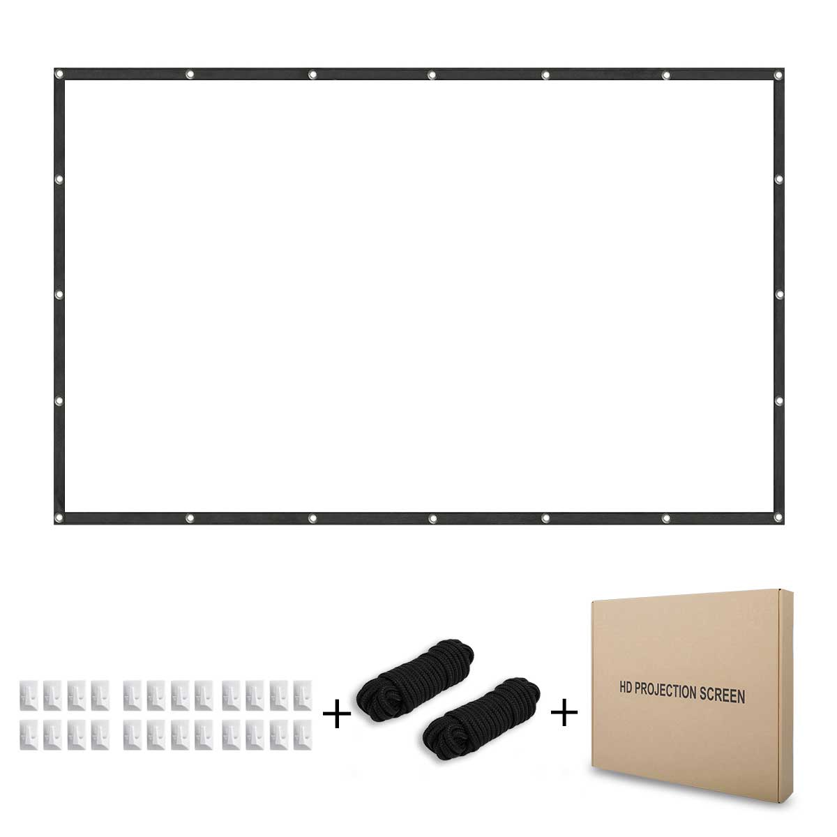 Eine weiße HD-Projektionsleinwand mit schwarzen Rändern, Clips, Seilen und einer Box.