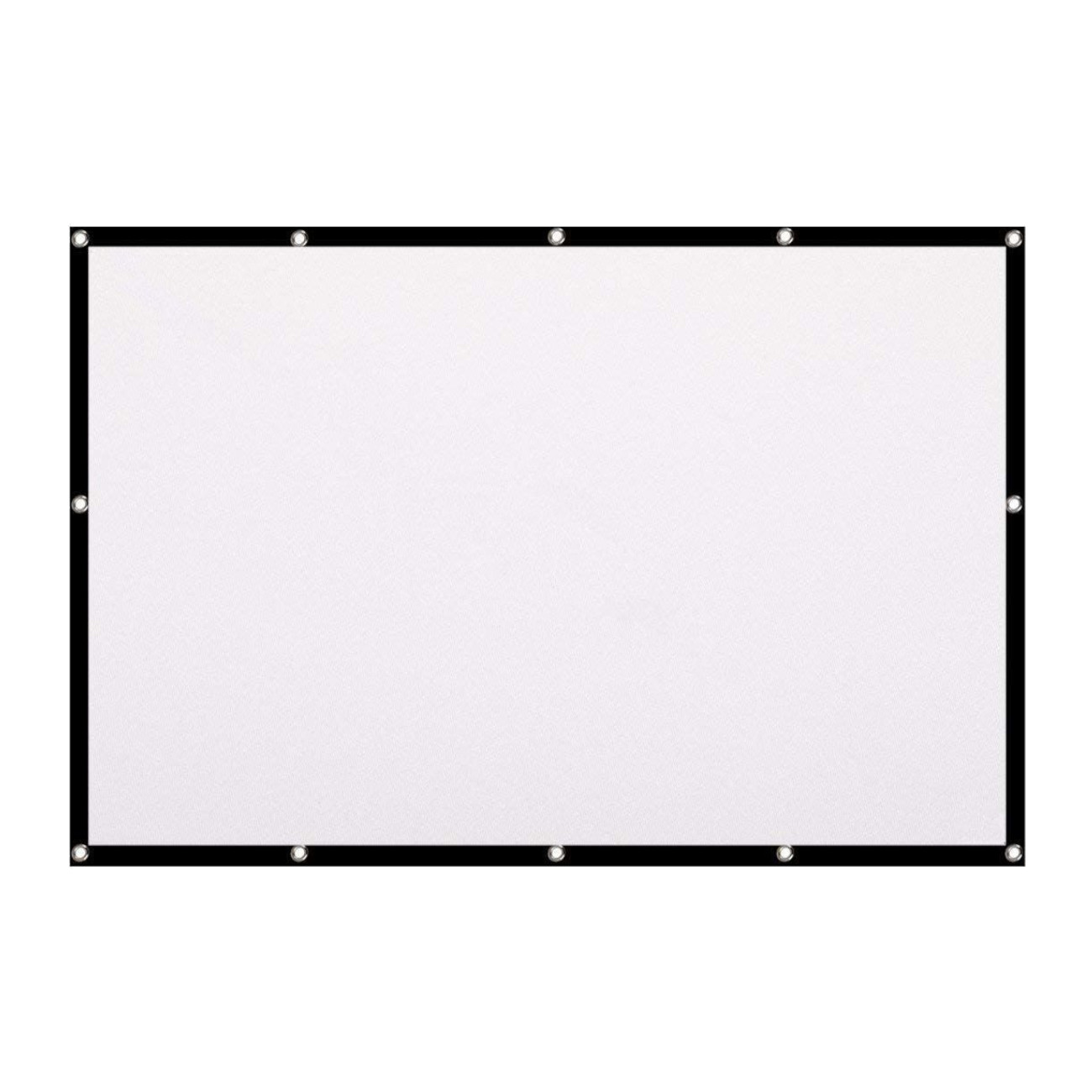 Weiße Projektorleinwand mit schwarzen Rändern, Ösen am Rand.