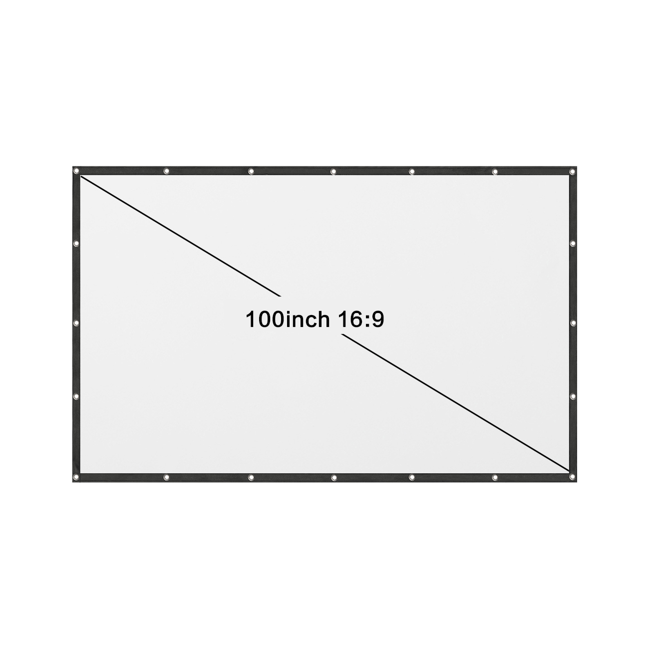 Ein weißer Bildschirm mit schwarzen Rändern. Text: 100 Zoll 16:9.